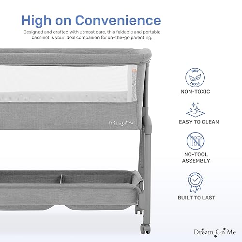 Miniatura 4 de Dream On Me Calypso - Moisés portátil con ruedas Cama de noche de altura ajustable, moisés plegable para bebé con laterales de malla transpirable,