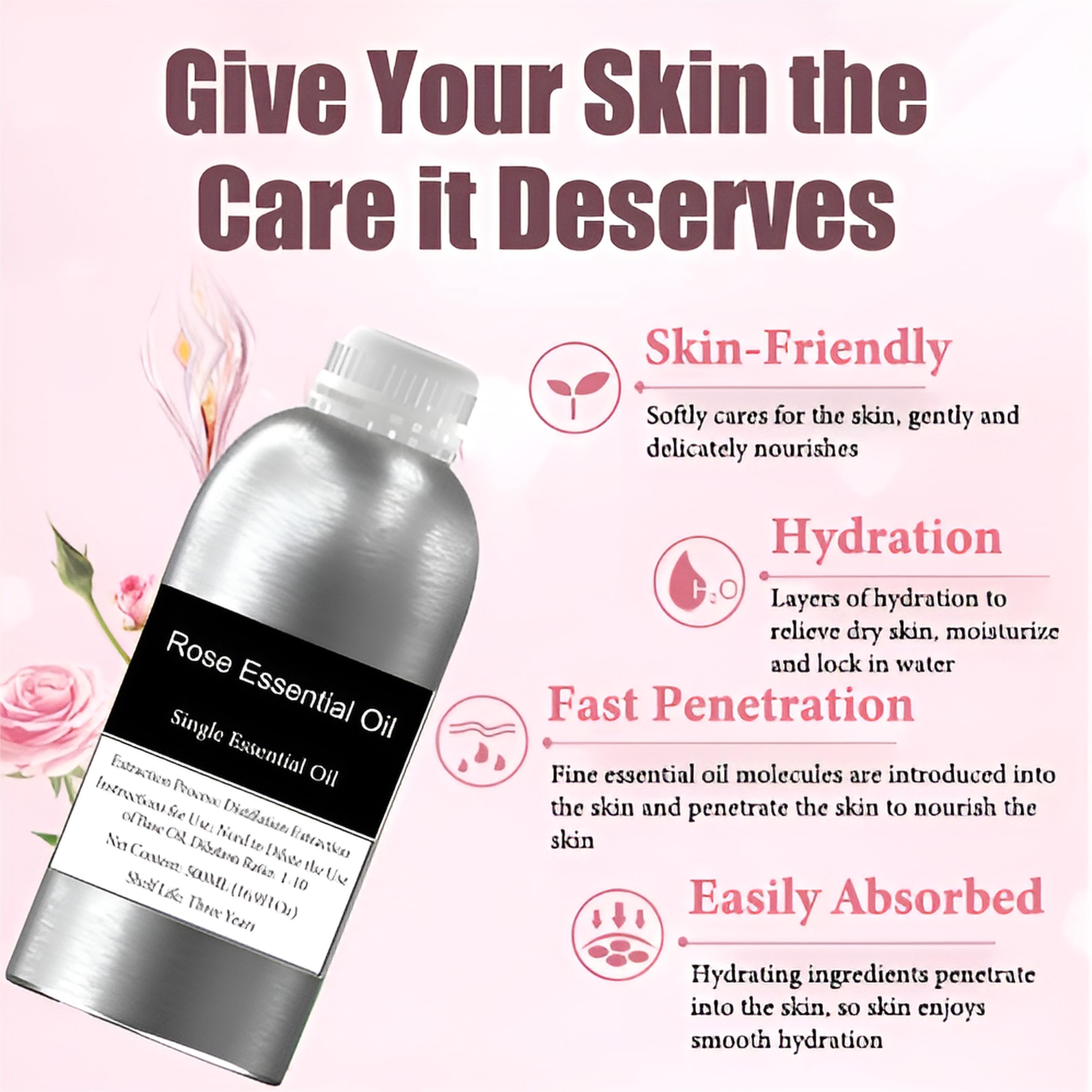 Aceite Esencial de Rosa 100% Puro para aromaterapia, difusores, Cuidado de la Piel y el Cabello, fabricación de Velas y jabón, Aceite de Rosa orgánico de Primera Calidad(500ml)