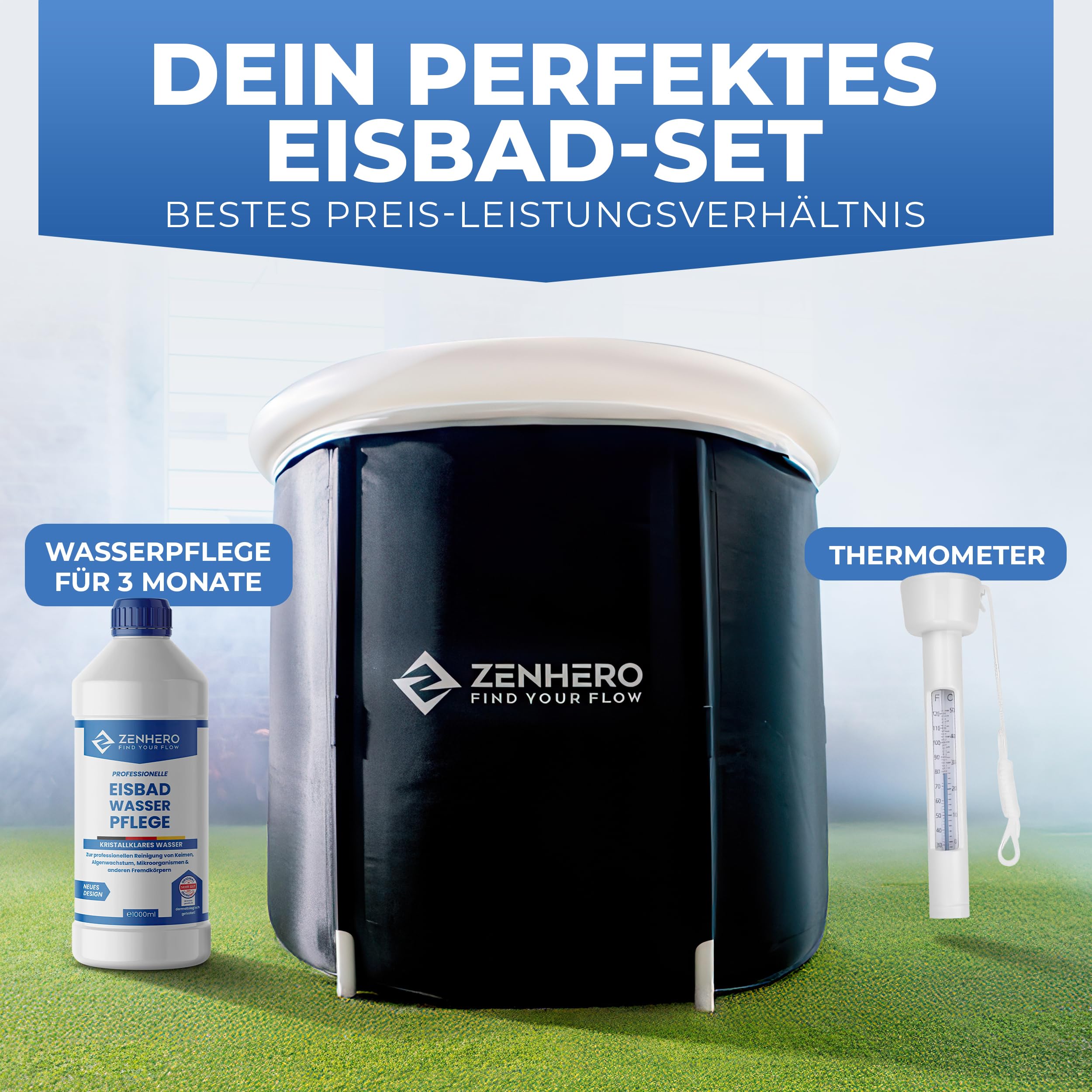 Zenhero Recovery - Kit de baño de hielo (85 cm de diámetro), máximo confort y mucho espacio, con termómetro y 2 cuidados de agua, terapia de frío para el hogar – Tonel de hielo con 5 capas aislantes