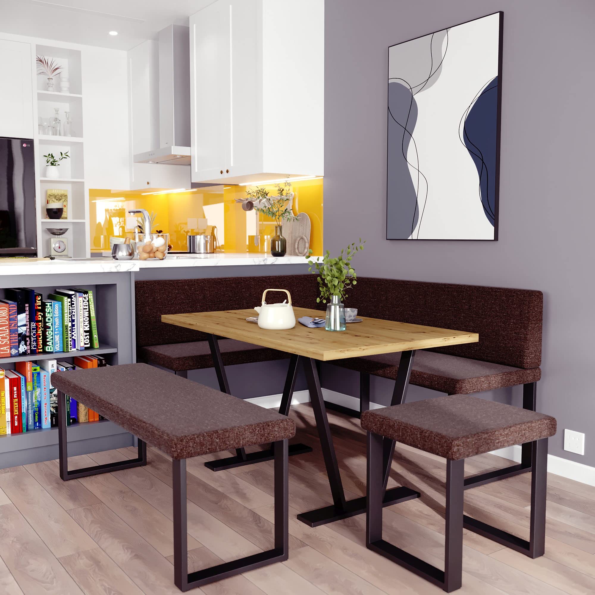 Akiko Banc d'angle en métal avec table et bancs - Banc d'angle pour votre salle à manger, cuisine moderne, coin salon, coin repas. Parfait pour cuisine, bureau et réception. Finition solide (INARI 28