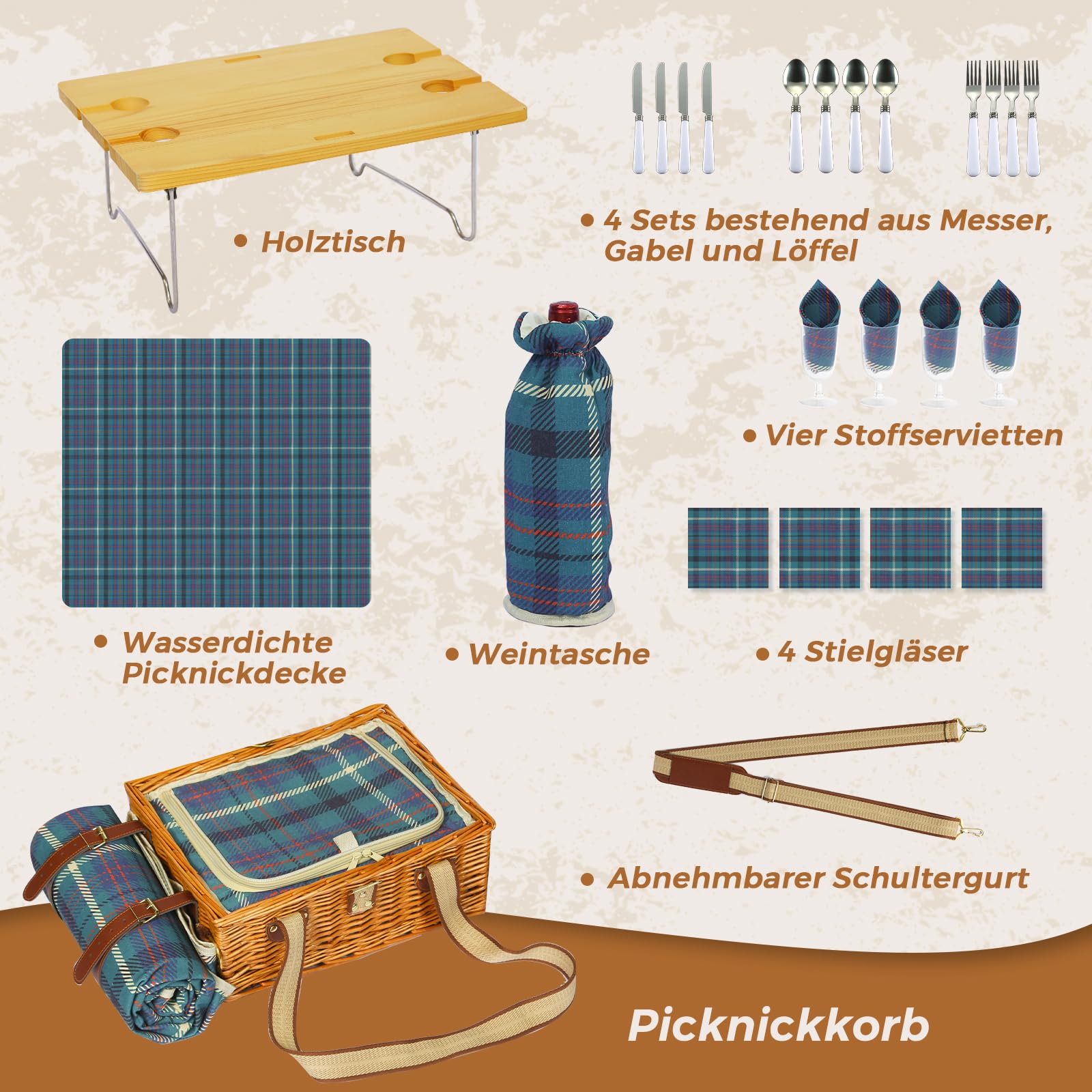 Set de cesta de picnic con mesa plegable y juego de cubiertos, cesta de picnic para 4 personas con bolsas de hielo, cesta de mimbre con asa, cesta de mimbre set de regalo para picnic, camping