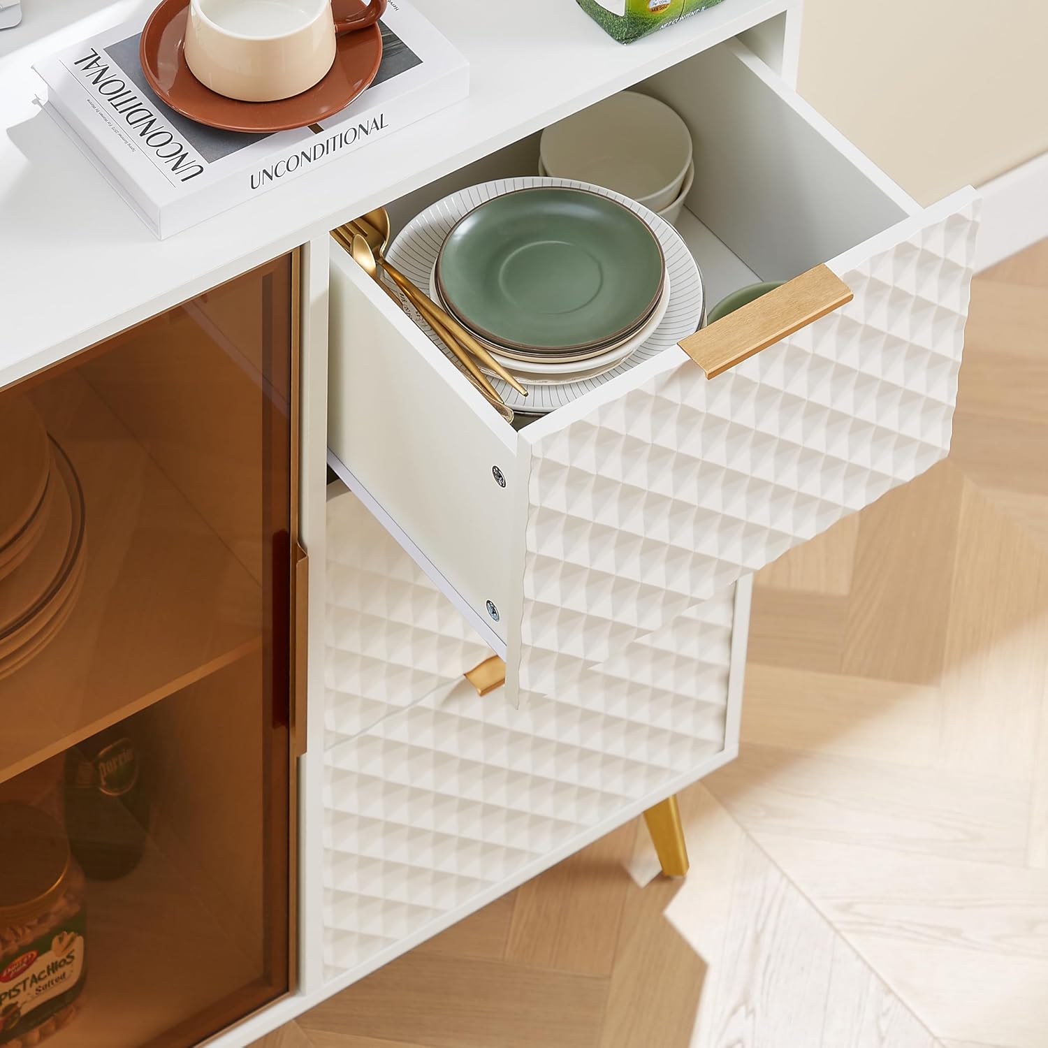 TV Stand Entertainment Center with Glass Doors, Modern Sideboard Cabinet with Storage, Small Kitchen Buffet Cabinet with Glass Door & 3 Drawers, White, for Kitchen, Living Room,31.5 * 15.7 * 37.6