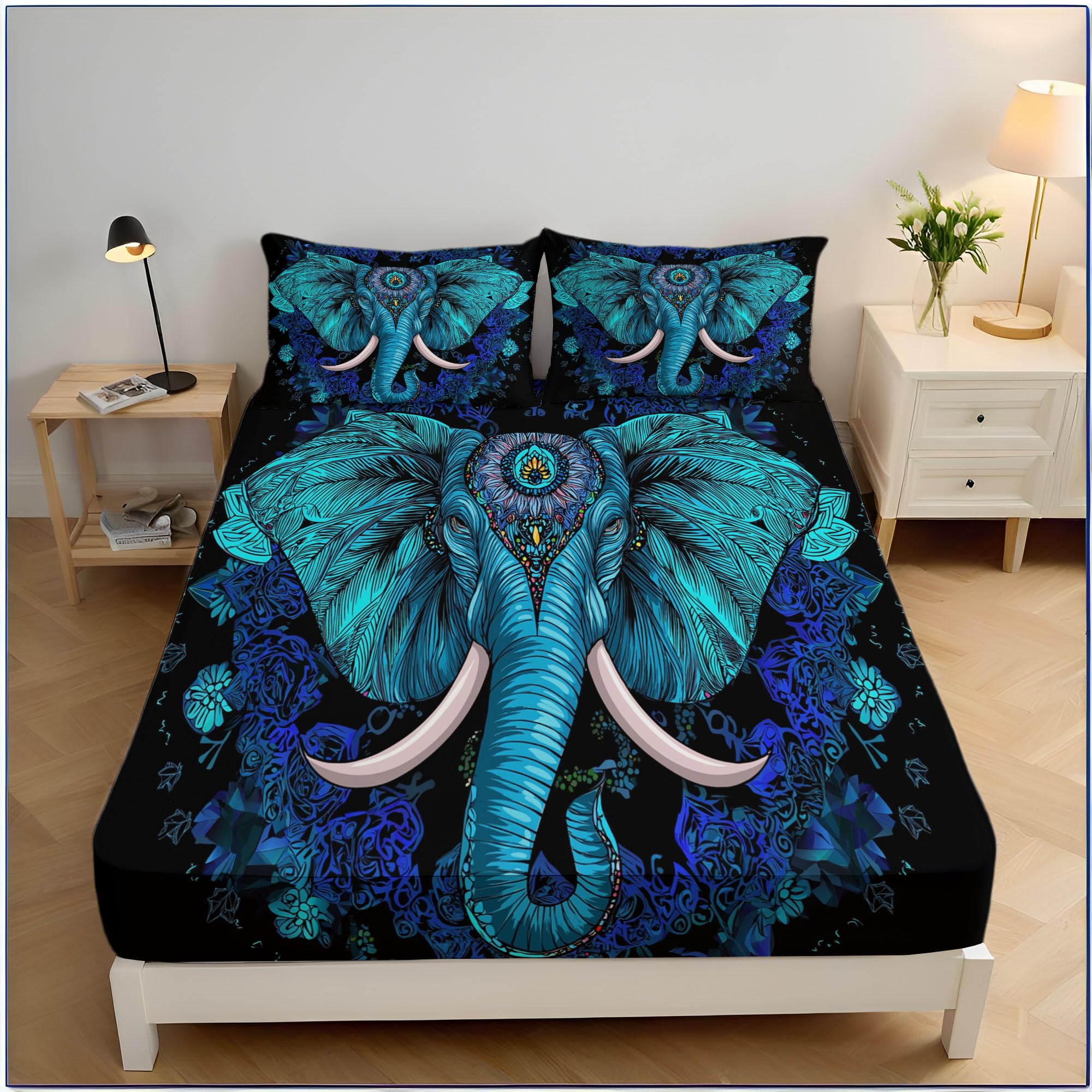 Drap housse 90x190cm enfant imprimé éléphant avec 2 taies d'oreiller 65x65