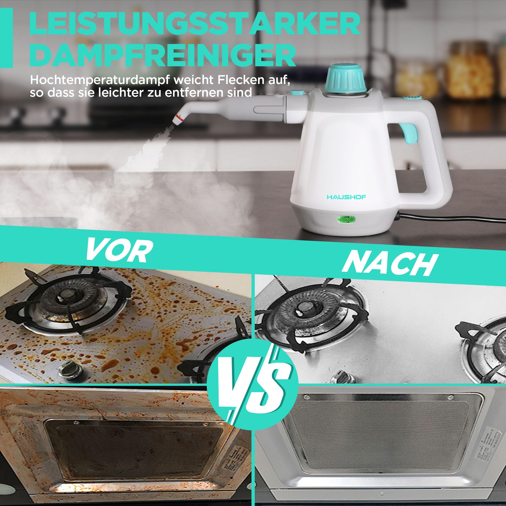 HAUSHOF Dampfreiniger Handgerät 450ml, 1200W Hand Dampfreiniger für alles mit 8 Zubehör, 3,0 bar Dampfdruck zum Erweichen von Schmutz und Fett von Böden, Fenstern, Küchen, Toiletten, Auto