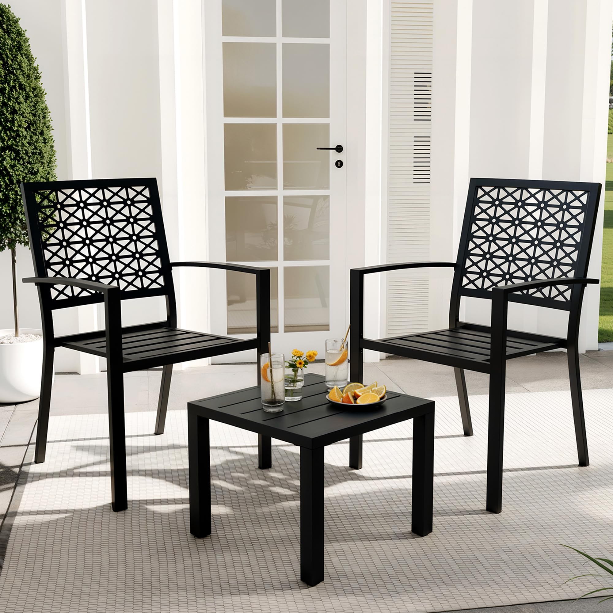 ChicCoutured 3 Piece Patio Bistro Set, Iron Art Outdoor Bistro Table and Chairs Set of 2, Stackable Patio Dining Set, Outdoor Furniture Set for Patio,