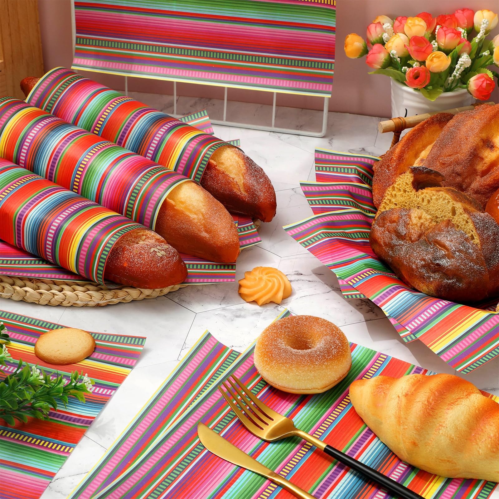 JarThenaAMCS 150 piezas de papel encerado mexicano colorido fiesta rayas delicatessen papel de seda Cinco de Mayo Sandwich Wrap papel papel a prueba de aceite Picnic Liner para fiesta suministros de