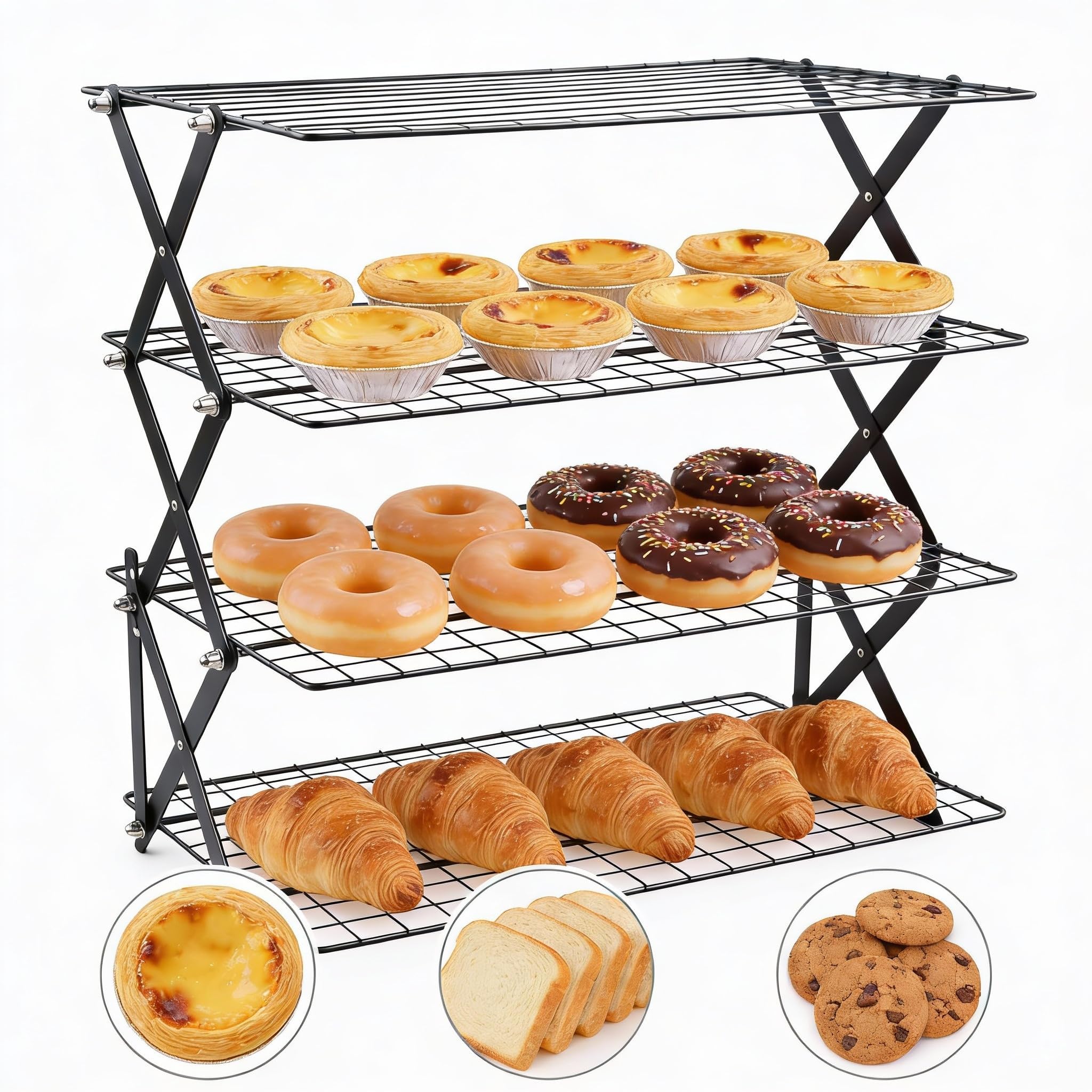 Griglia di raffreddamento pieghevole impilabile a più livelli in filo di ferro per cucinare pane, biscotti, torte, muffin, accessorio da cucina a quattro strati