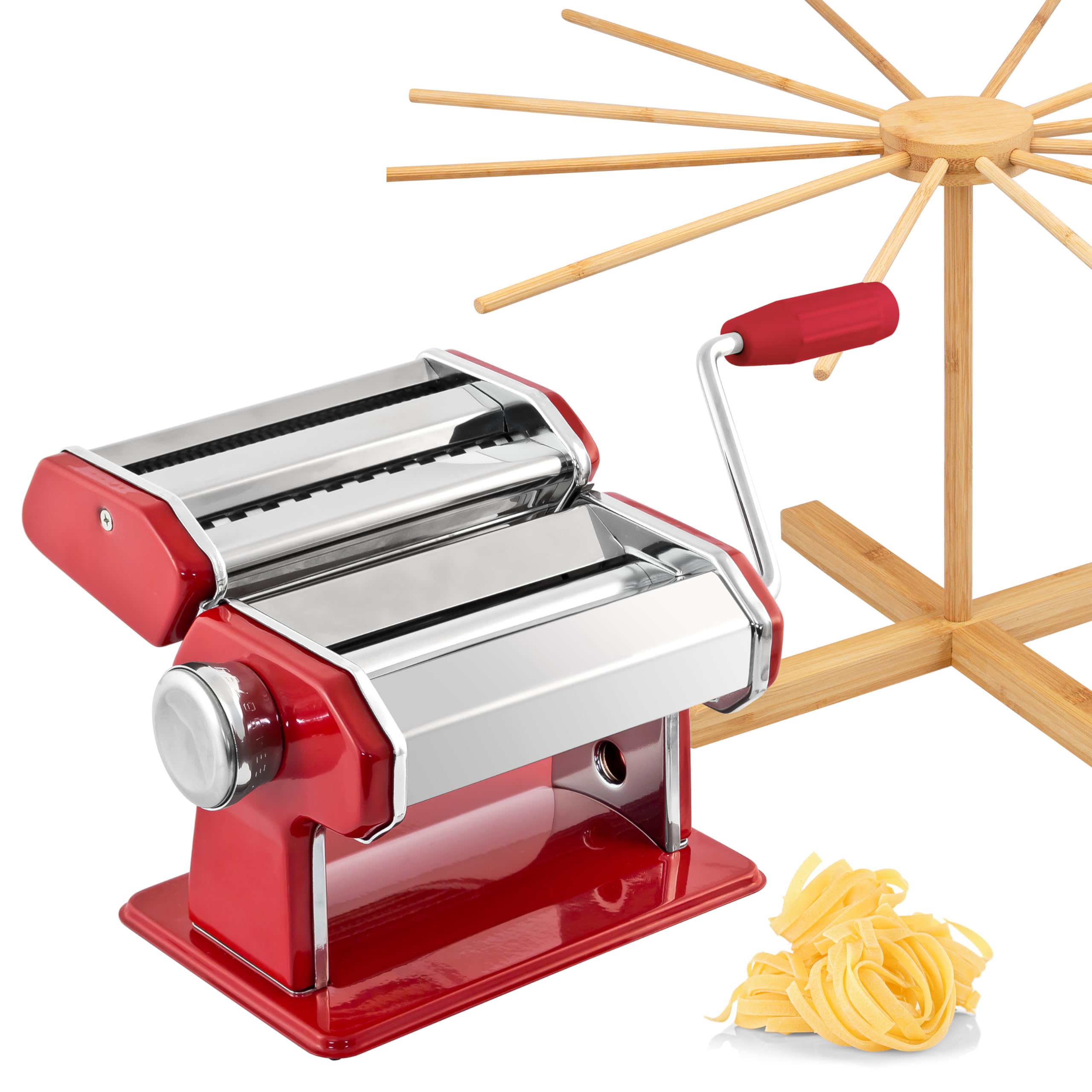 bremermann Nudelmaschine für Spaghetti, Pasta und Lasagne inkl. Nudeltrocker aus Bambus als Set (Rot)