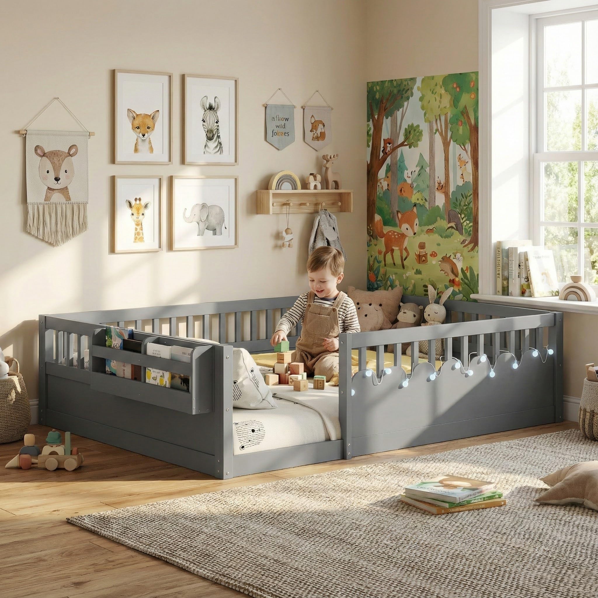 Montessori Floor Bed with High Rails,Full Size Floor Bed Frame for Kids, LED Lights & Storage Shelf, Safe & Wider Opening Gate Design, Playground & Sleep Space for Girls Boys,Grey