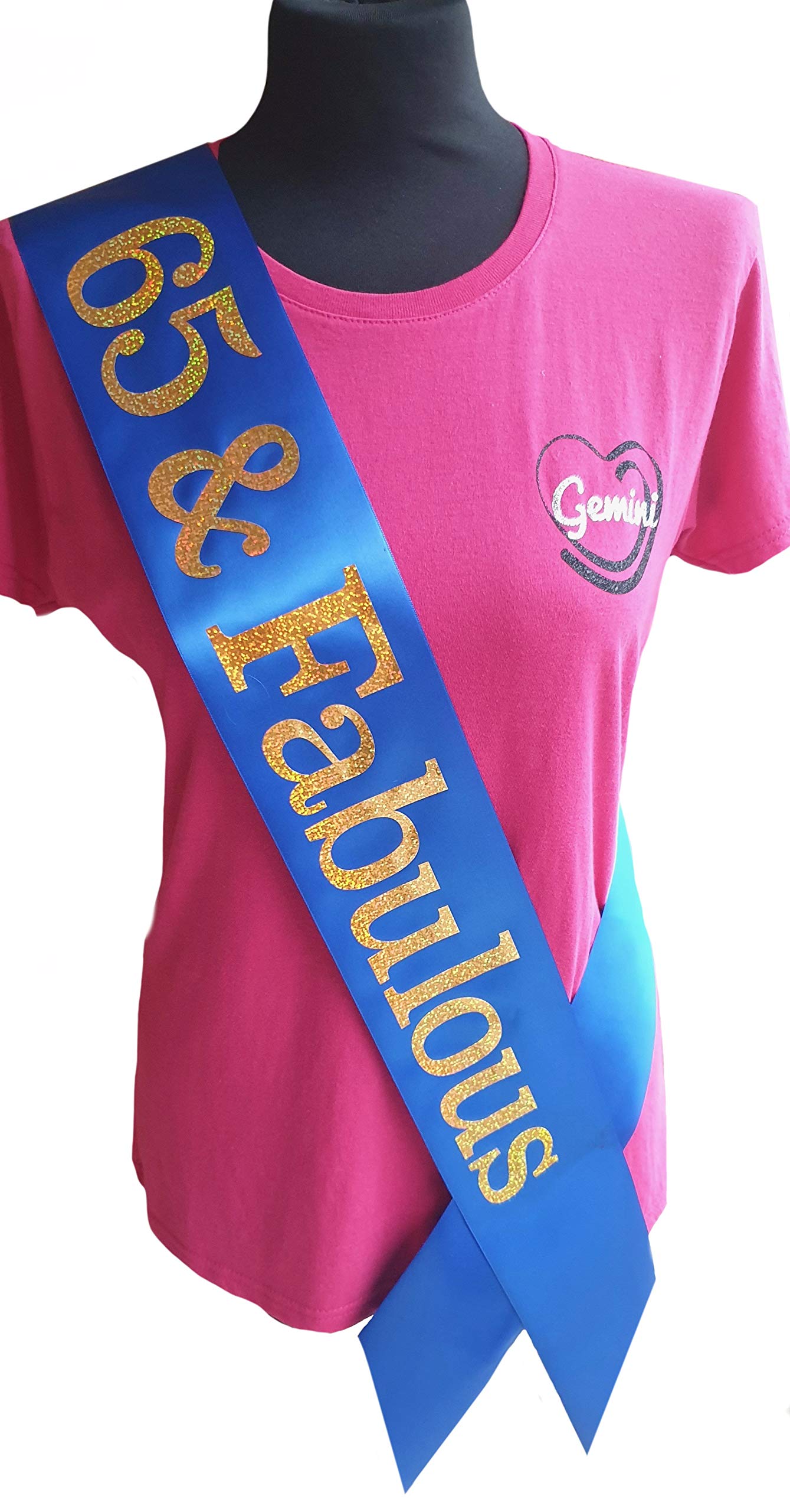 65th Birthday Sash - 65 & Fabulous - Beautiful Quality Blue Ribbon and Holographic Gold Font 65th Birthday Sash