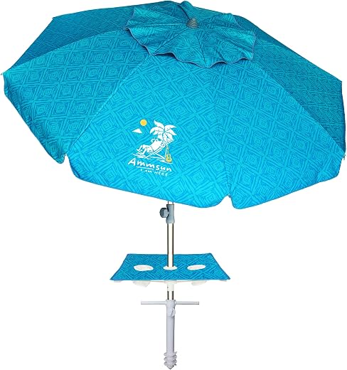 AMMSUN Beach Umbrella with Sand Anchor & Table Tray, Portable Heavy Duty Beach Umbrellas, 6.5ft Sun Outdoor Umbrella, UV 5...
