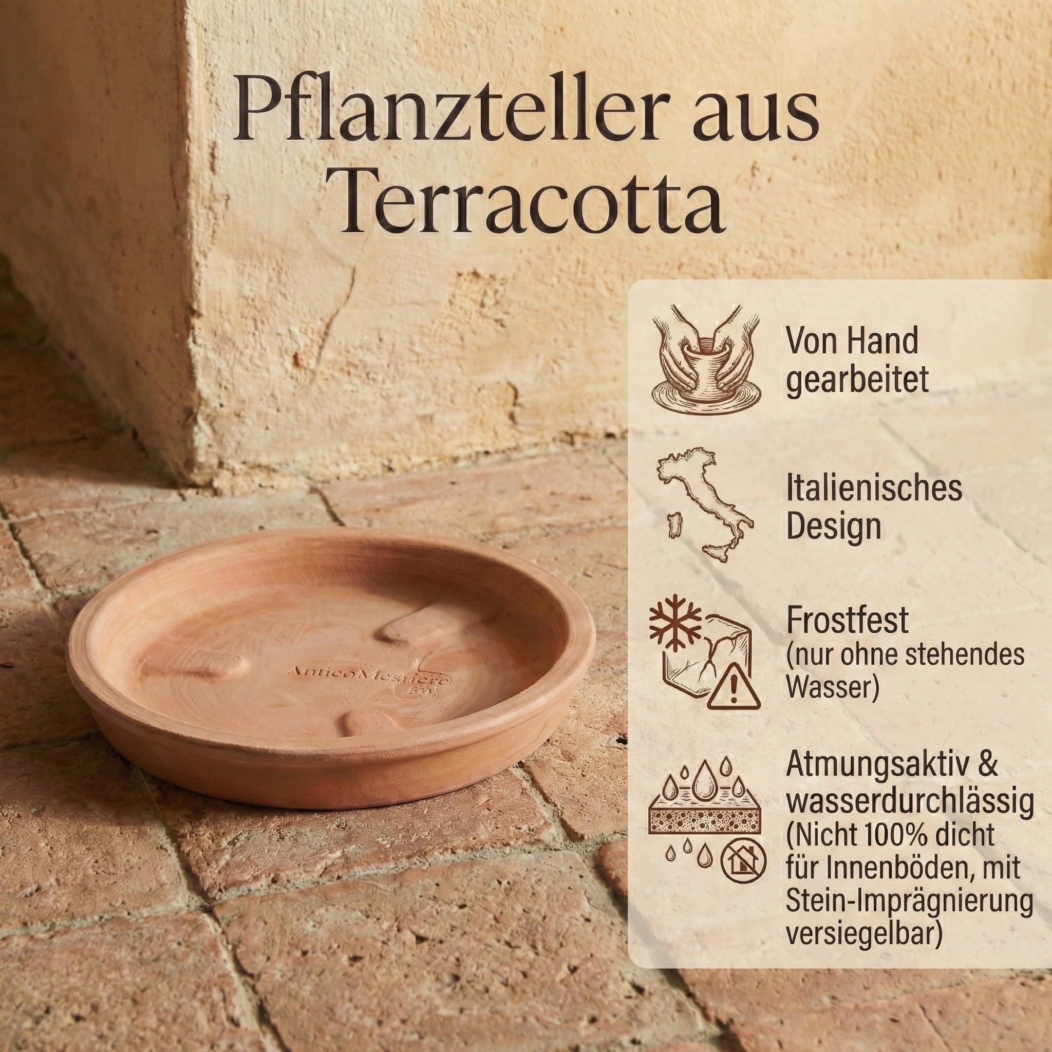 Teramico Pflanzgefäß Limoni, italienisches Terracotta, inkl. Teller (40cm) | Wunderschön detailliertes Terracotta Pflanzgefäß aus originaler Handarbeit. Ideal für Ihre Gestaltung von Haus & Garten.