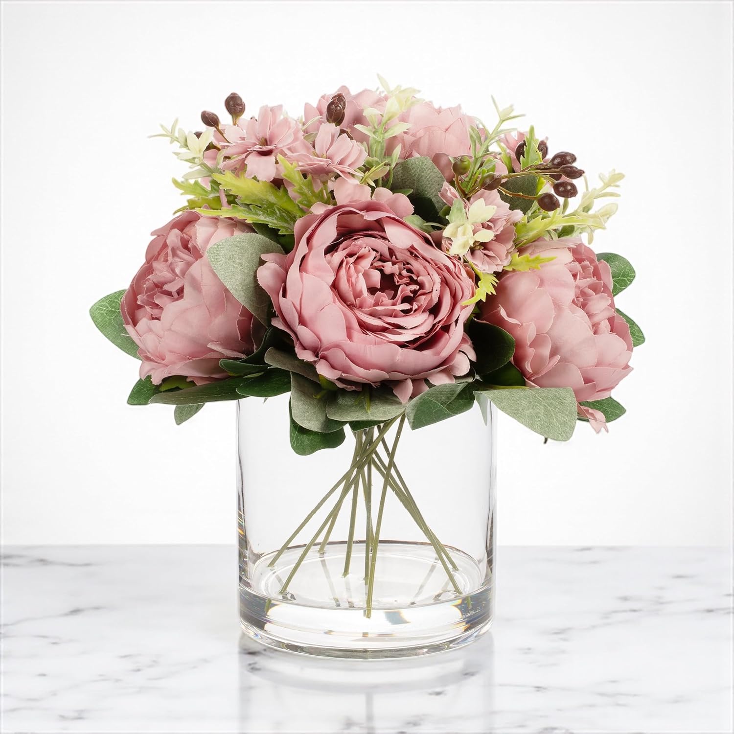 ENOVA FLORAL Artificial Flower Arrangement with Vase,Mixed Artificial Fake Silk Peony Flower in Vase for Decoration Home Office, Wedding Centerpiece (Purple01)