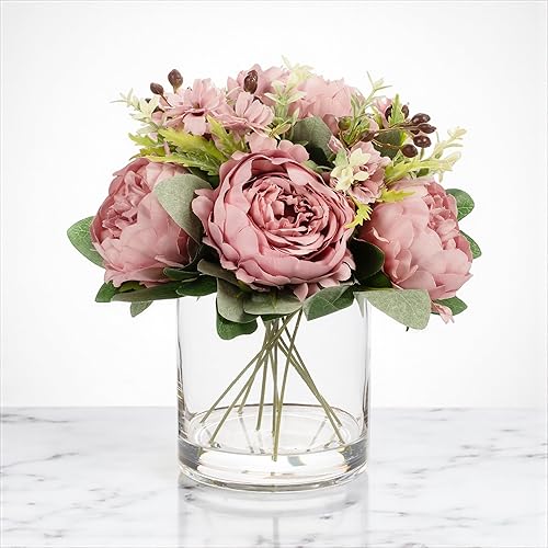 Miniatura 9 de ENOVA FLORAL Arreglo floral artificial con jarrón, mezcla de peonías artificiales de seda falsa en jarrón para decoración en casa, oficina, centro