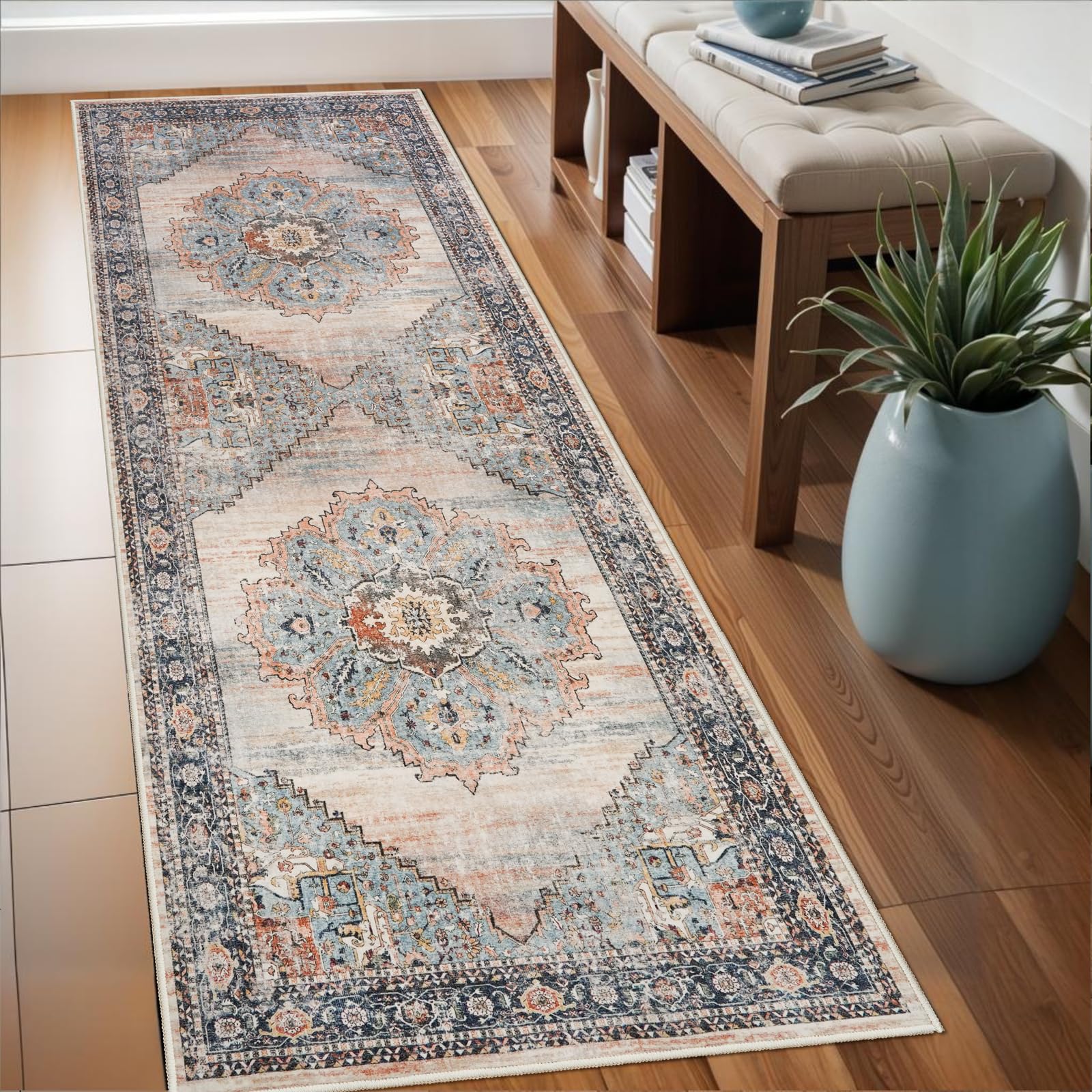 Washable Runner Rug 2x6 - Hallway Runner Rug Kitchen Rugs and Mats Non Skid Washable Waterproof Carpet Runner for Living Room Bedroom Bathroom (Blue,