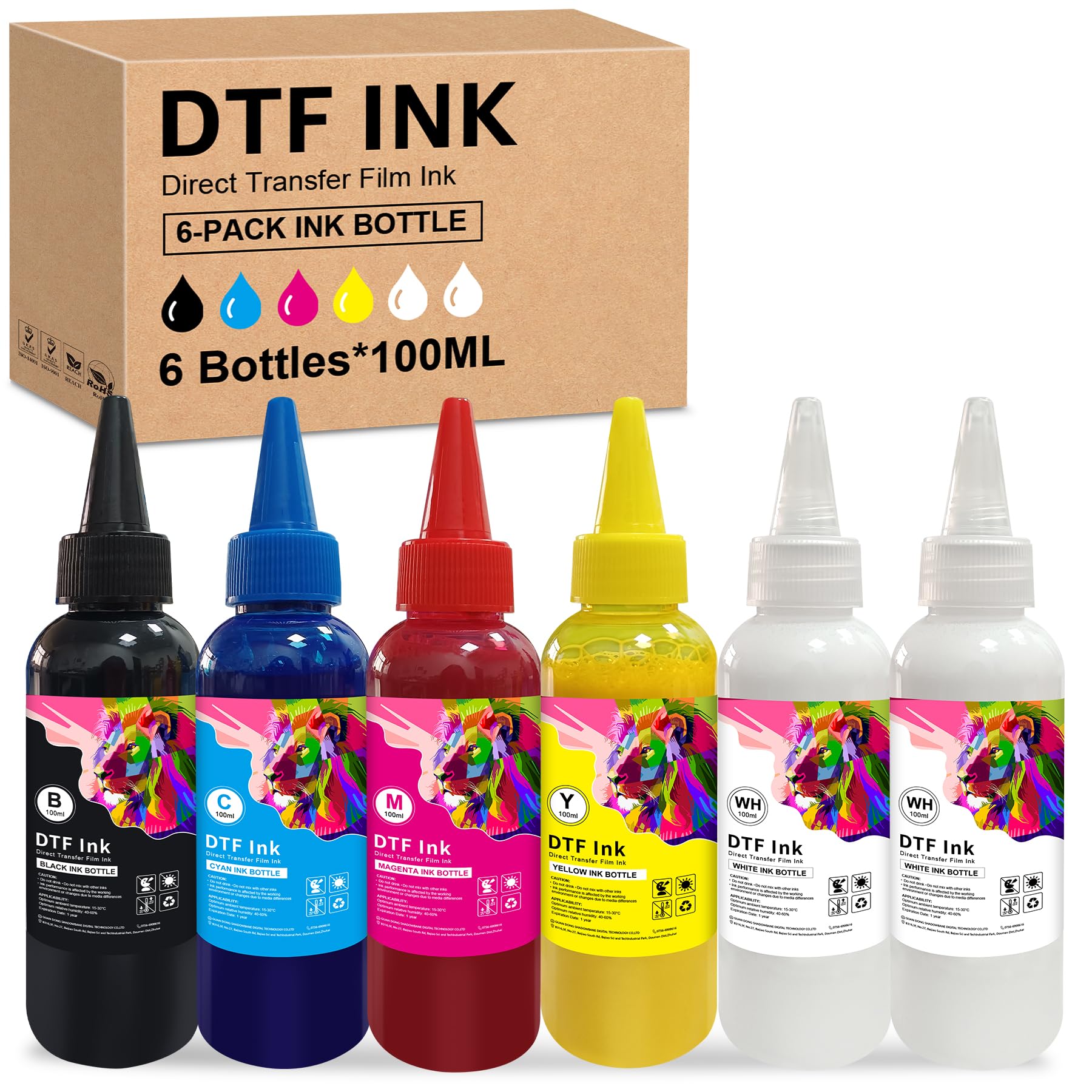 DTF Tinte 6x100ml Premium-Pigment Tinte für PET-Folien Thermotransfer-Nachfülltinte für alle DTF-Drucker mit Druckköpfen wie DX5 DX7 5113 XP600 I3200 usw (1BK1C1M1Y2W)