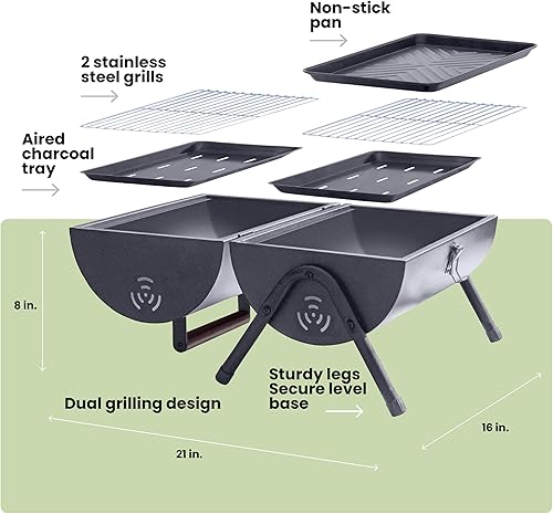 Miniatura 3 de Mini parrilla de carbón portátil y pequeña barbacoa de mesa - Parrilla de viaje para campamento para balcón - Estilo barril con plancha y juego de