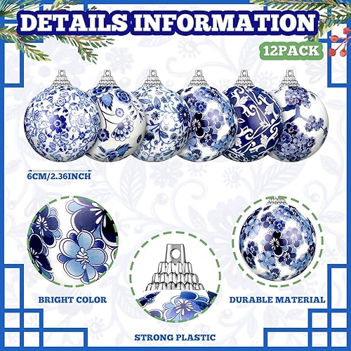 Miniatura 9 de Poen Adornos navideños de porcelana chinoiserie de 2.36 pulgadas, bolas de plástico azul y blanco, adornos decorativos colgantes de Navidad con