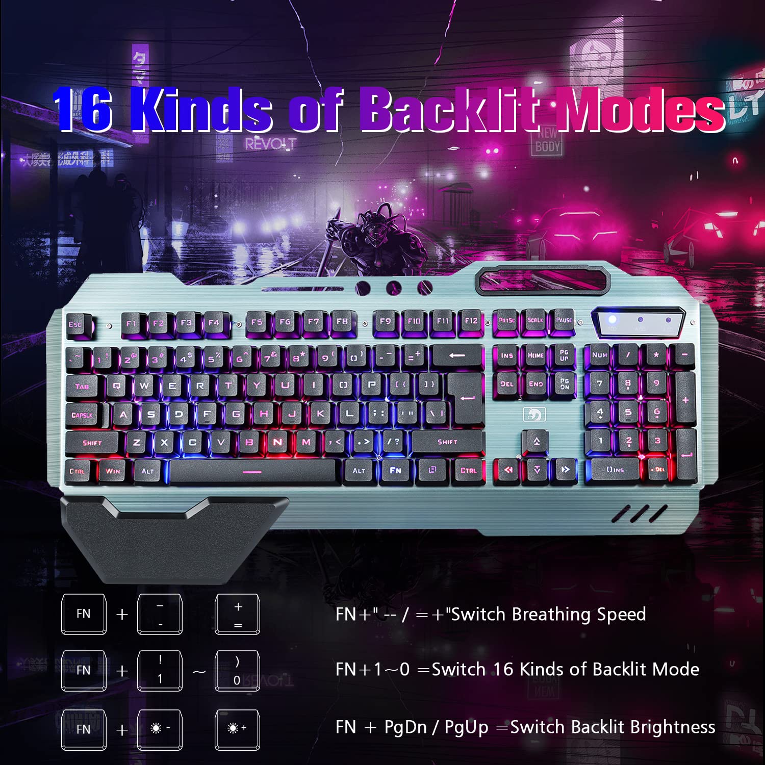 Gaming-Tastatur und Maus-Kombination, graue Metalllegierung,16 LEDs RGB-Hintergrundbeleuchtung, kabelgebunden USB-Tastatur mit Handgelenkauflage + 3200 DPI LED atmende Maus mit Hintergrundbeleuchtung