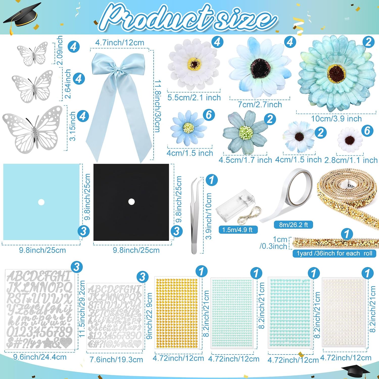 Wavwavw 59 Pcs DIY Graduation Cap Decoration Kit Light Blue with LED Lights image 2