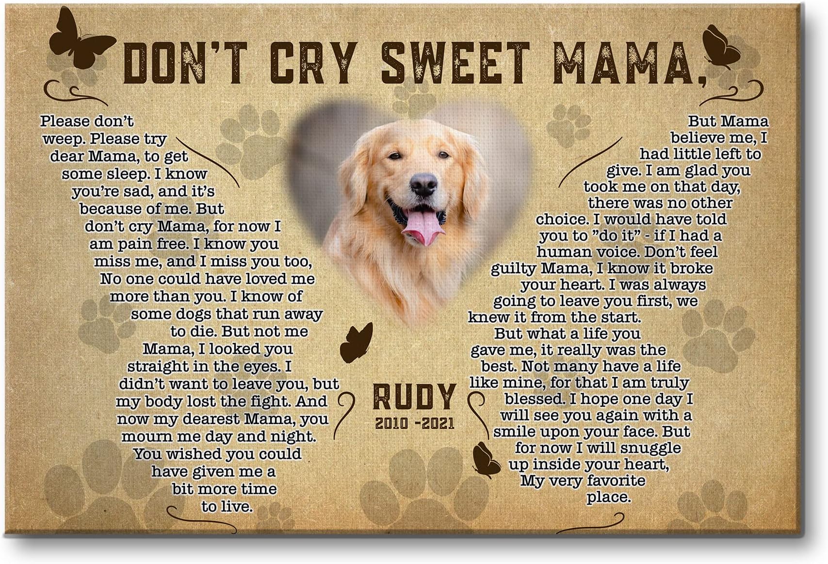 Shopbench Personalized Dog Memorial Canvas, Don't Cry Sweet Mama Gift For Loss of Dog, Photo Sympathy Personalized, Pet Rainbow Bridge Poem 12 x 16 Inch
