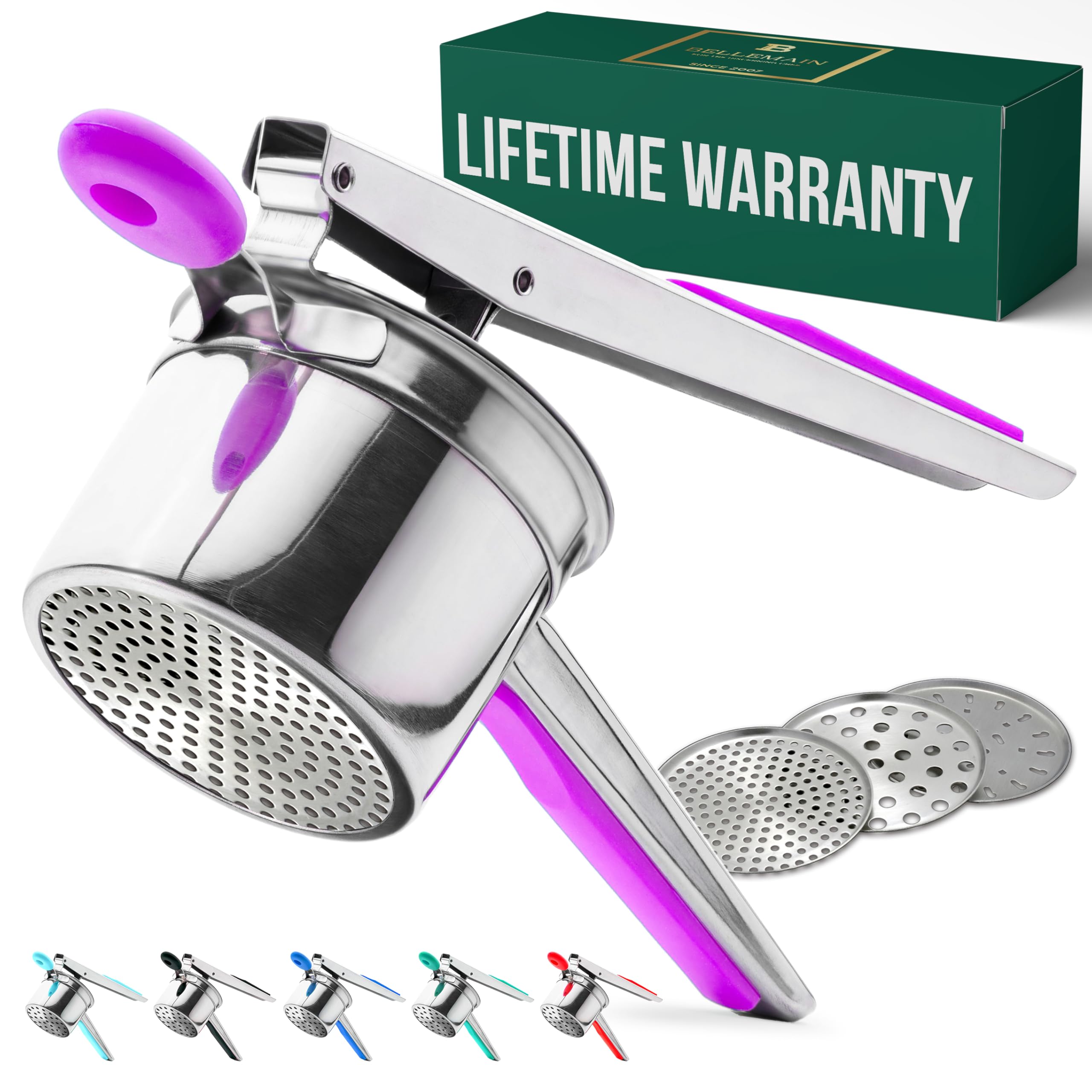 Bellemain Heavy-Duty Stainless Steel Potato Ricer & Masher | 15 oz, Perfect for Mashed Potatoes | Kitchen Tool with 3 Interchangeable Discs (Purple)
