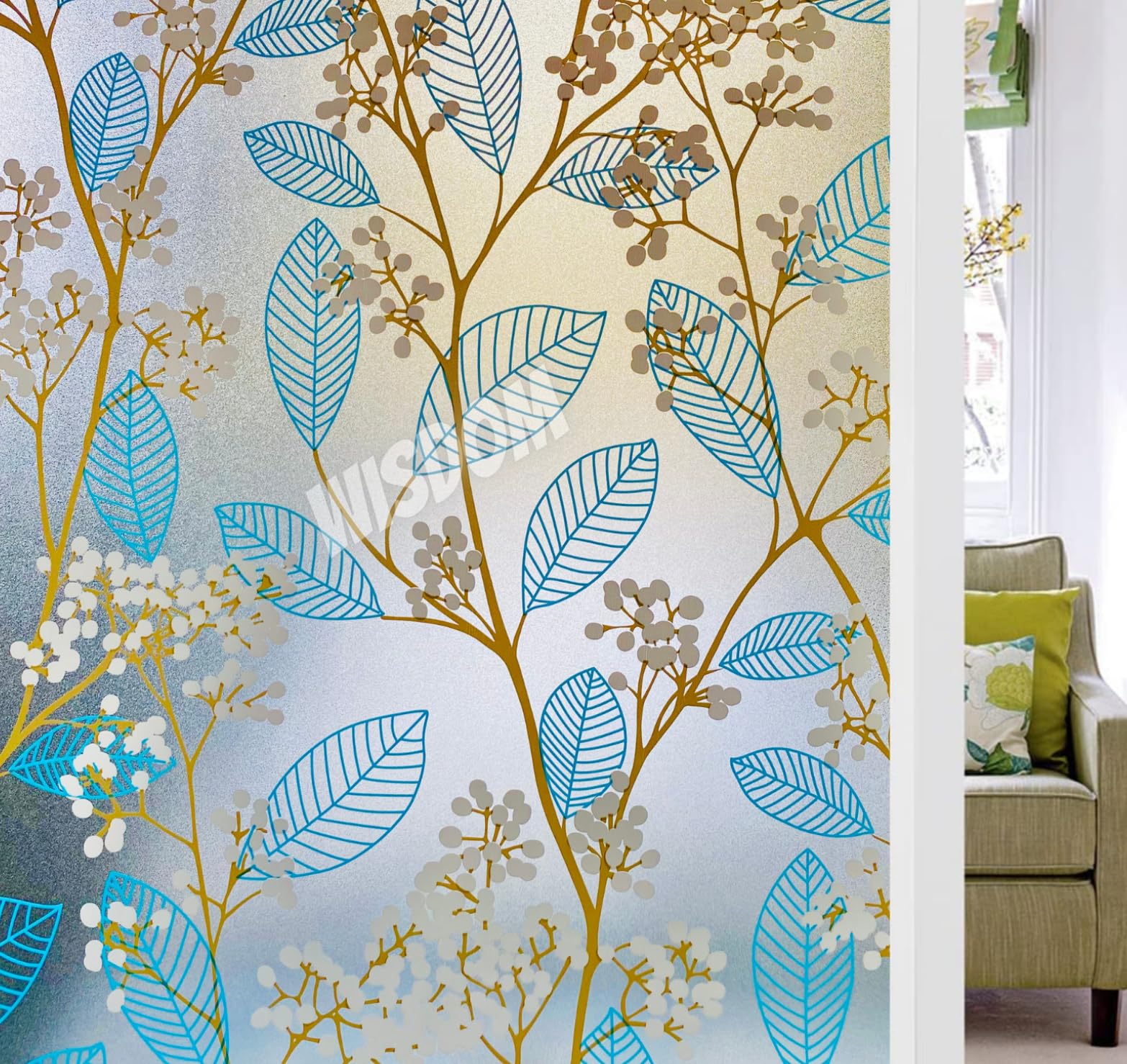 WISDOM Privacy Window Film Frosted Glass Film Glass Film No Glue Anti-UV Window Sticker Non Adhesive for Privacy Office Meeting Room Bathroom Living Room (Leaf Blue Flower, 24 x 240 inch)
