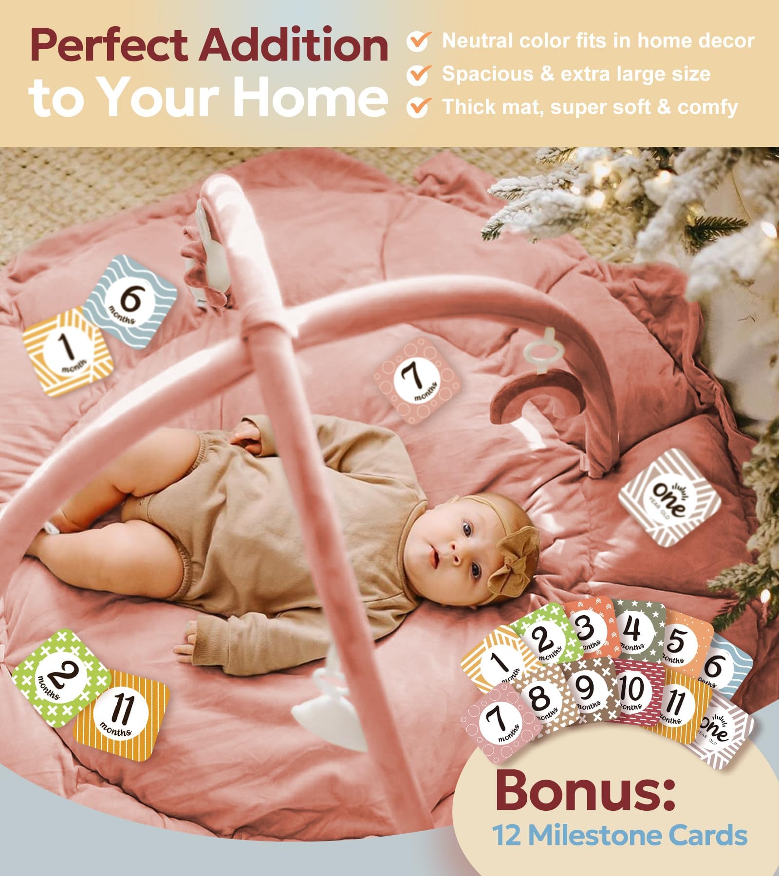 Mallify 5-in-1 Thick Plush Baby Play Gym Mat, Tummy Time Mat with 6 Sensory Toys, Baby Play Mat, Convertible Baby Gym for Stage-Based Development from Babies to Toddlers, Baby Essentials Gift, Pink — Amazon image 4