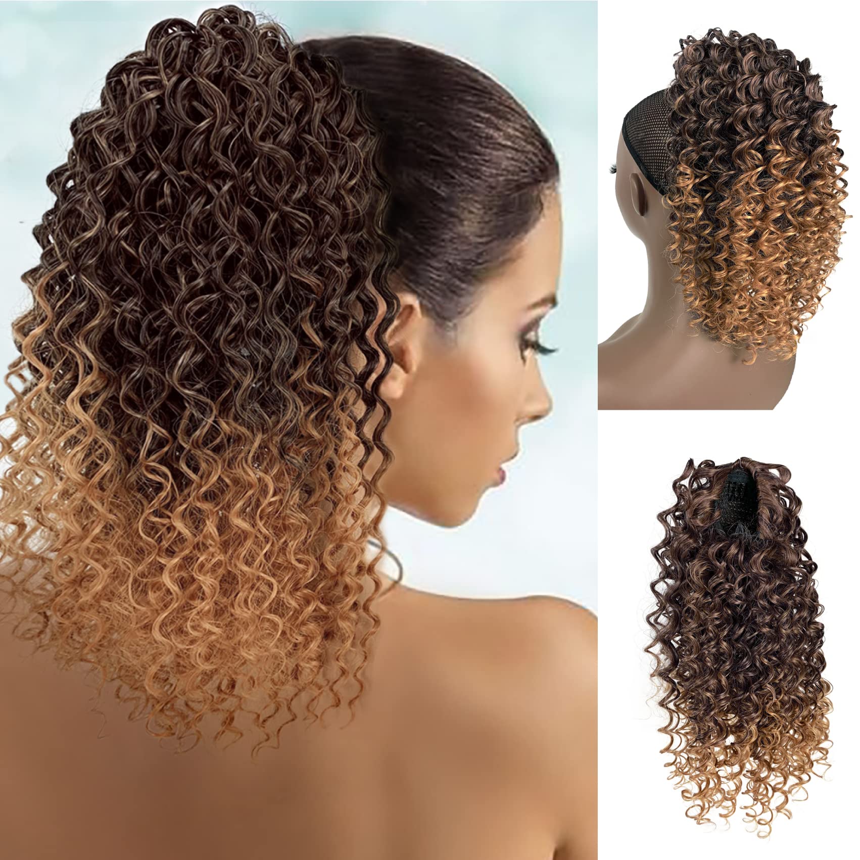 Deep Curly Drawstring Ponytail Extension for Black Women Ombre Brown Afro Curly Pony Tail Hair Piece Synthetic Hair Extensions With 2 Clips 14 Inches (T1B/30)
