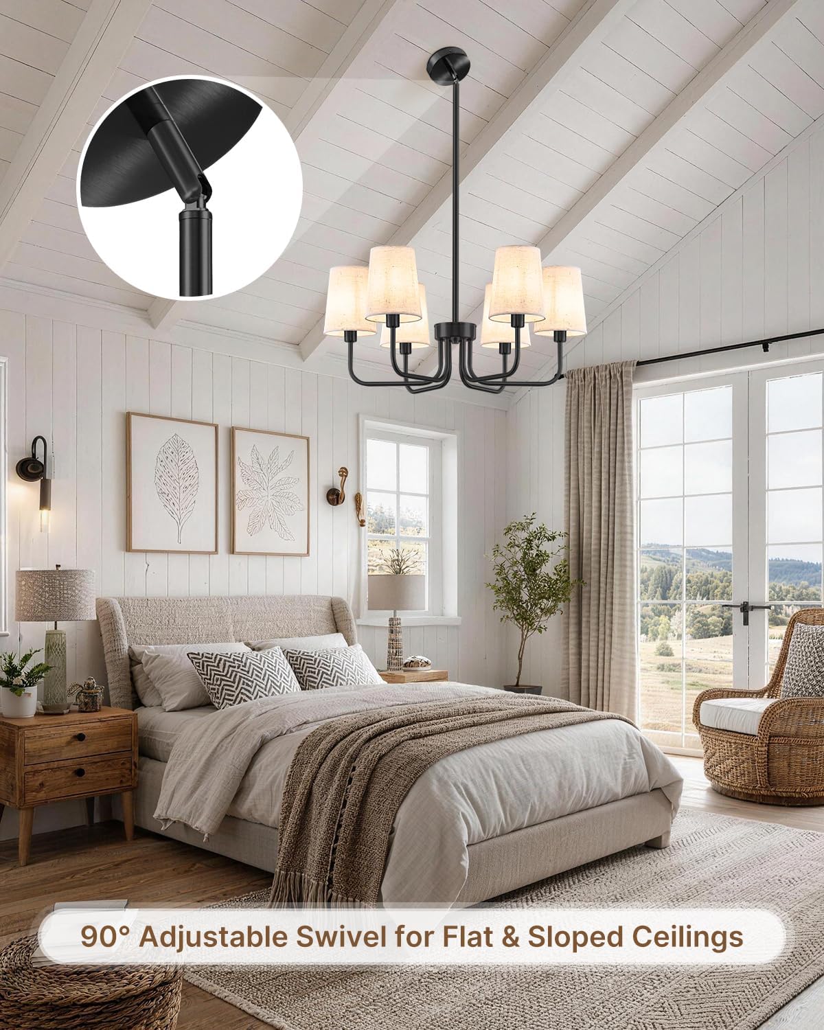 Yunnix 6 Light Black Chandelier with Linen Shades, No Assembly Required Modern Dining Room Light Fixture, 25" UL Certified Farmhouse Chandeliers for Living Room Kitchen Island Bedroom Entryway Foyer