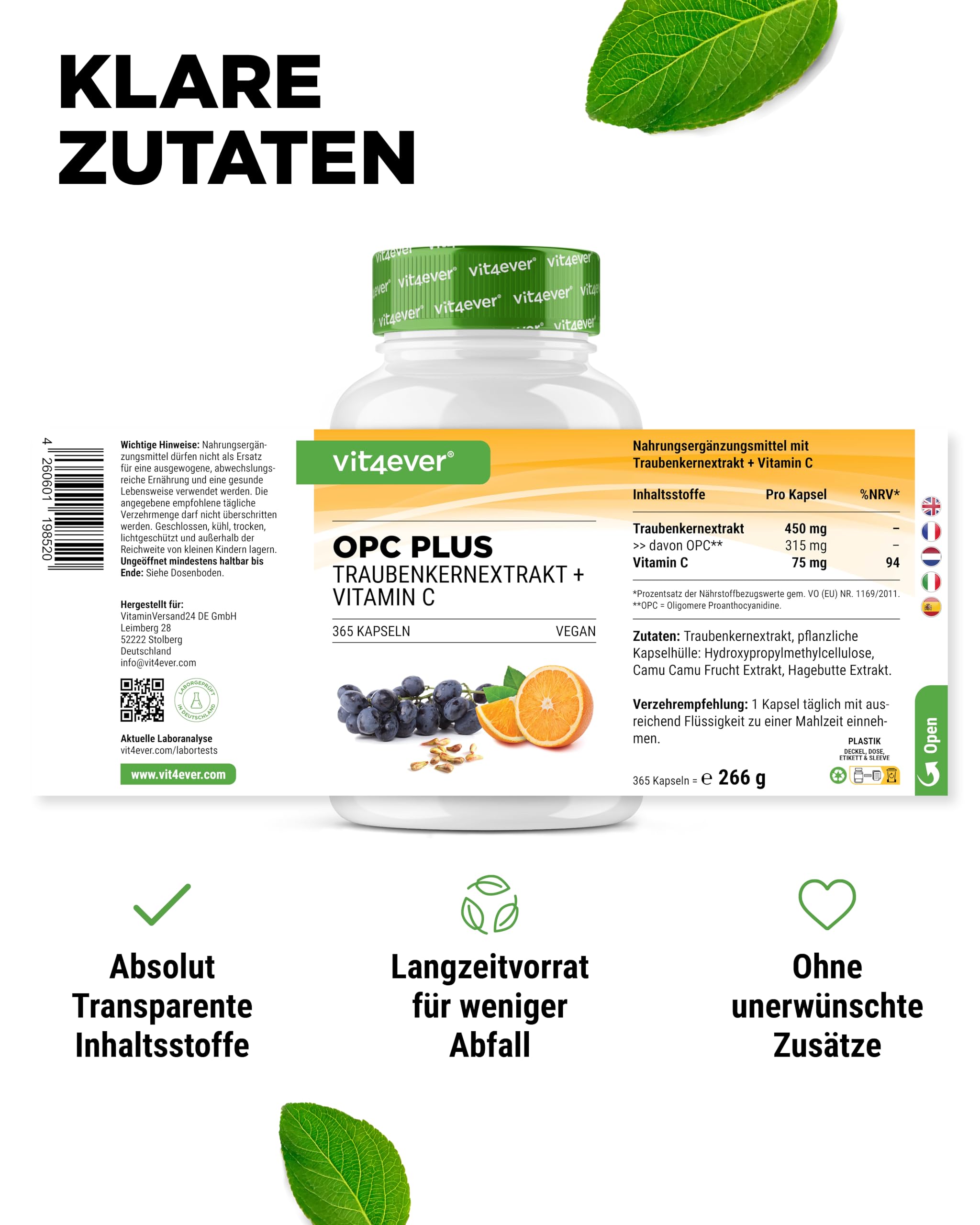 vit4ever OPC Traubenkernextrakt + Vitamin C - 365 Kapseln 315mg OPC | 450 mg Traubenkernextrakt, 75 mg Vitamin C, 12 Monatsvorrat, vegan