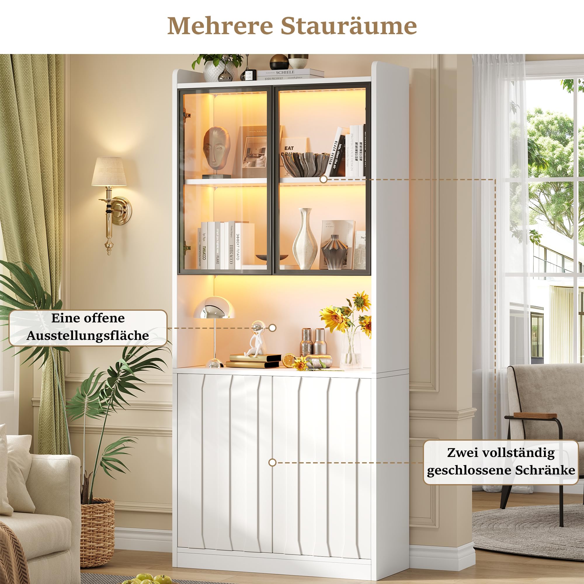 Vitrina LED de 80 x 35 x 200 cm, armario alto con puertas de cristal, armario alto de cristal con LED y partición abierta, armario de salón con puertas de cristal, cocina, estudio, entrada