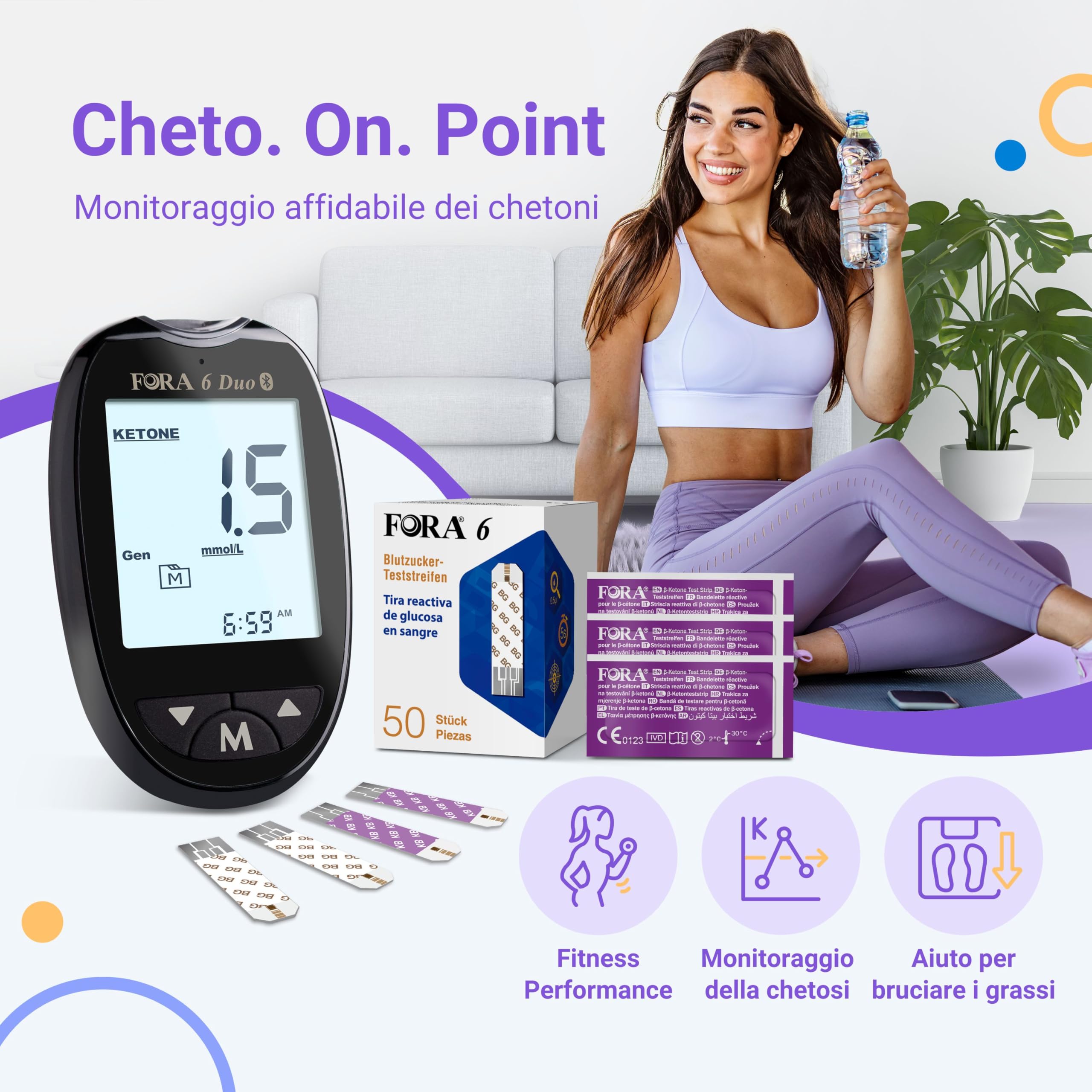 FORA Duo Misuratore Bluetooth Glicemia e Chetoni con 10 Strisce Chetoni