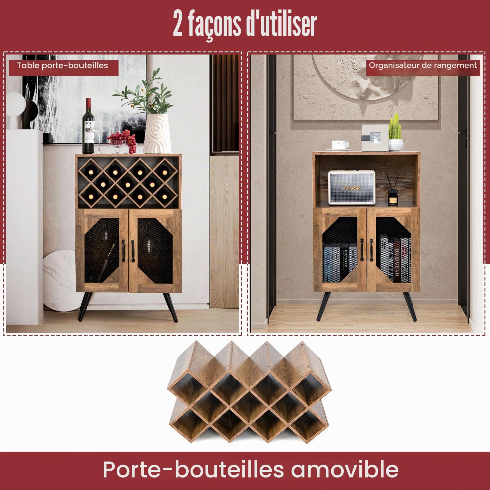KOMFOTTEU Buffet Industriel, Porte-Bouteilles Amovibles, 59,5x35x93,5cm