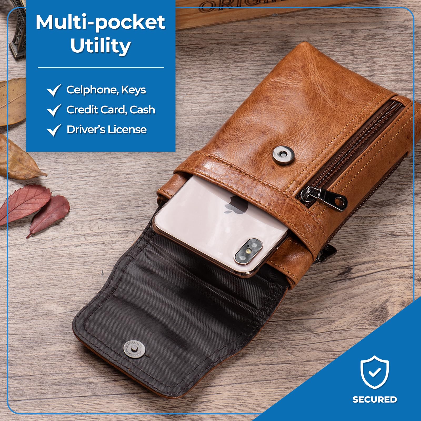 Hengwin Telefoonhoesje Kaarthouder, Echt Leren Smartphone Riemclip Holster voor iPhone 16 Pro Max 16 Plus 15 14 13 12 11 Pro Max Gevallen, Mannen Mobiele Telefoon Werk Purse, Klein Taille Draagtasje
