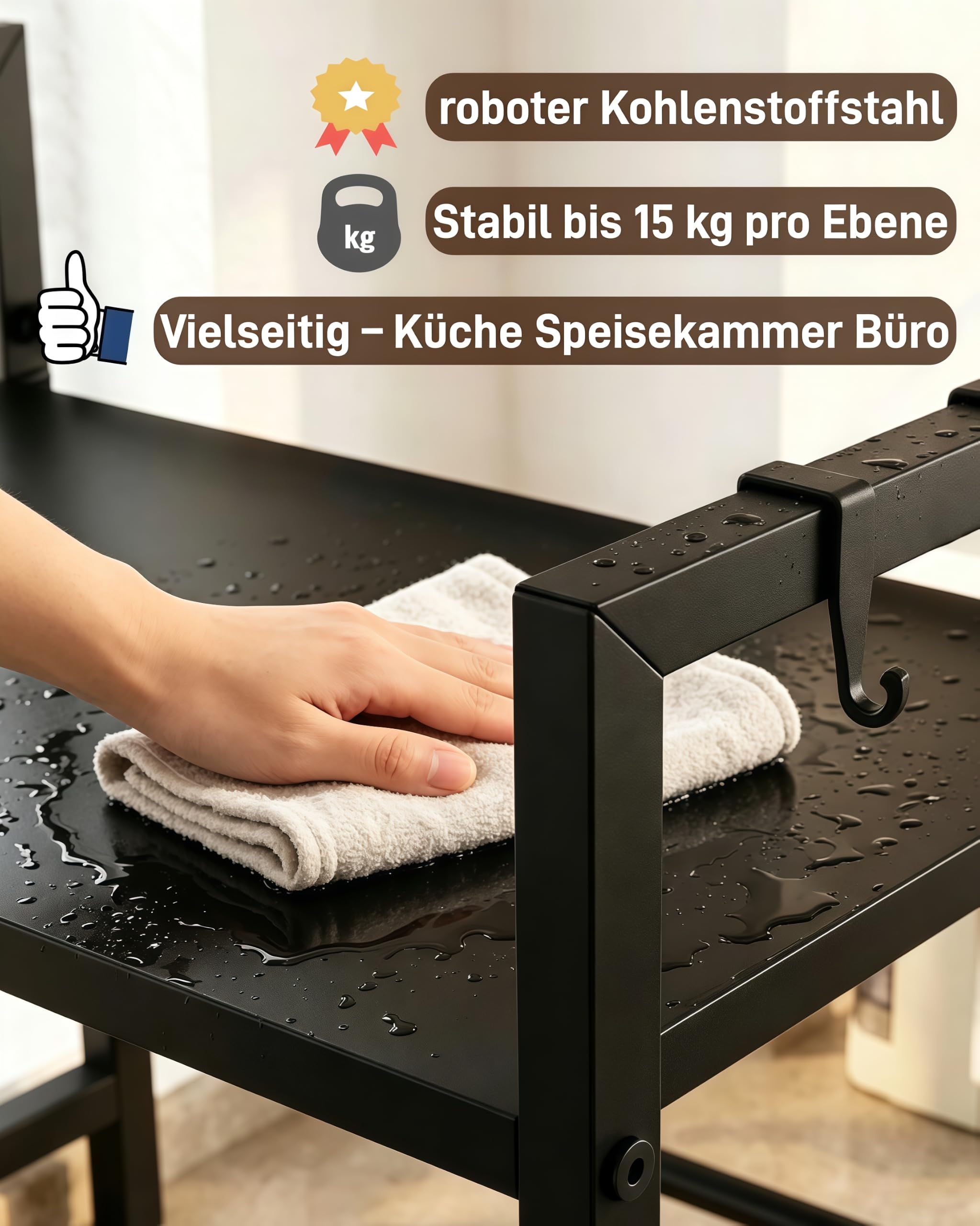Mikrowellenregal 3 stufig ausziehbar Höhenverstellbarer Mikrowellenständer (40-64cm) ohne Bohren mit 6 Haken, Kohlenstoffstahl für Backofen, Kaffeemaschine & Airfryer