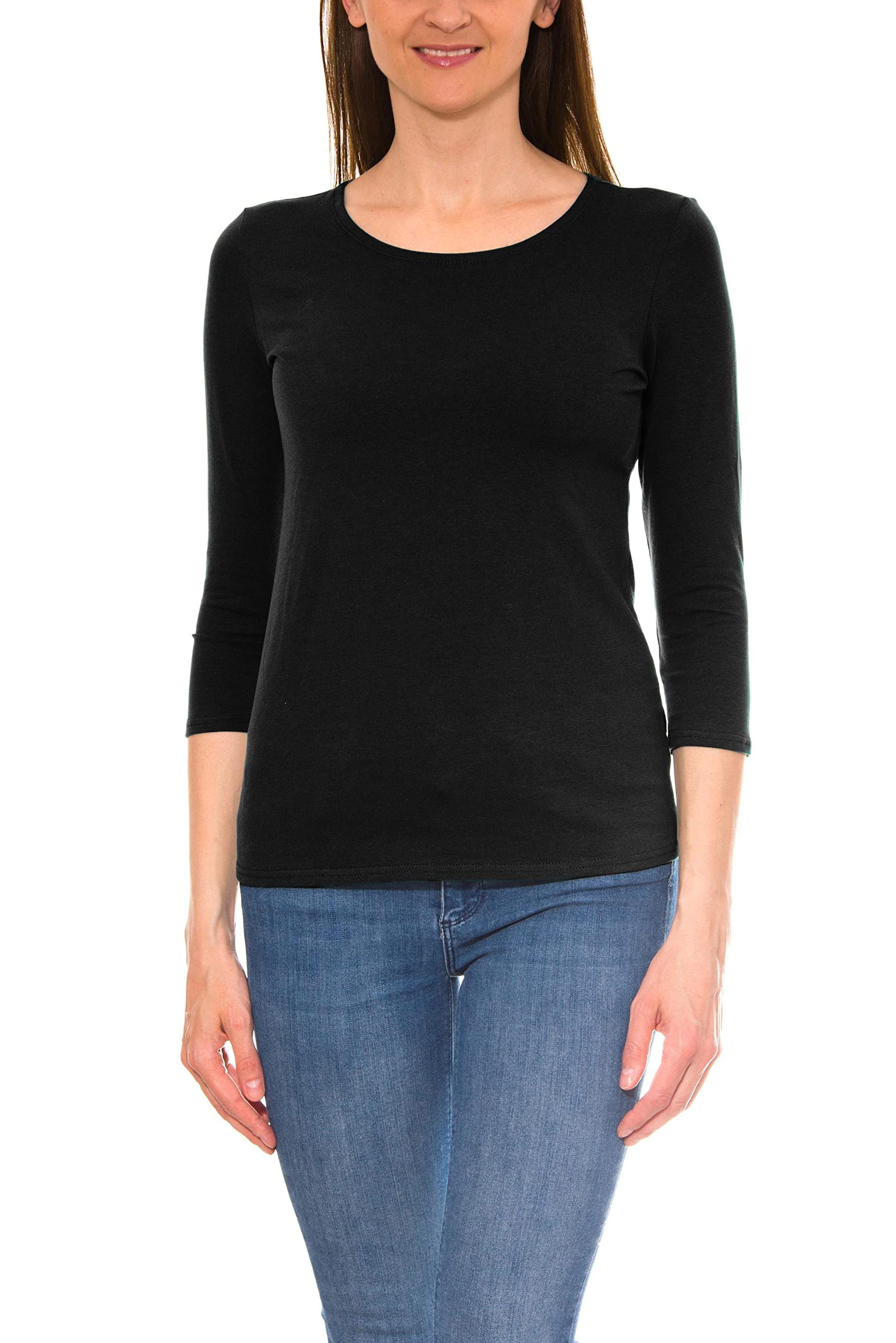 Alkato Women's Black 3/4 Sleeve Shirt With Round Neck, M