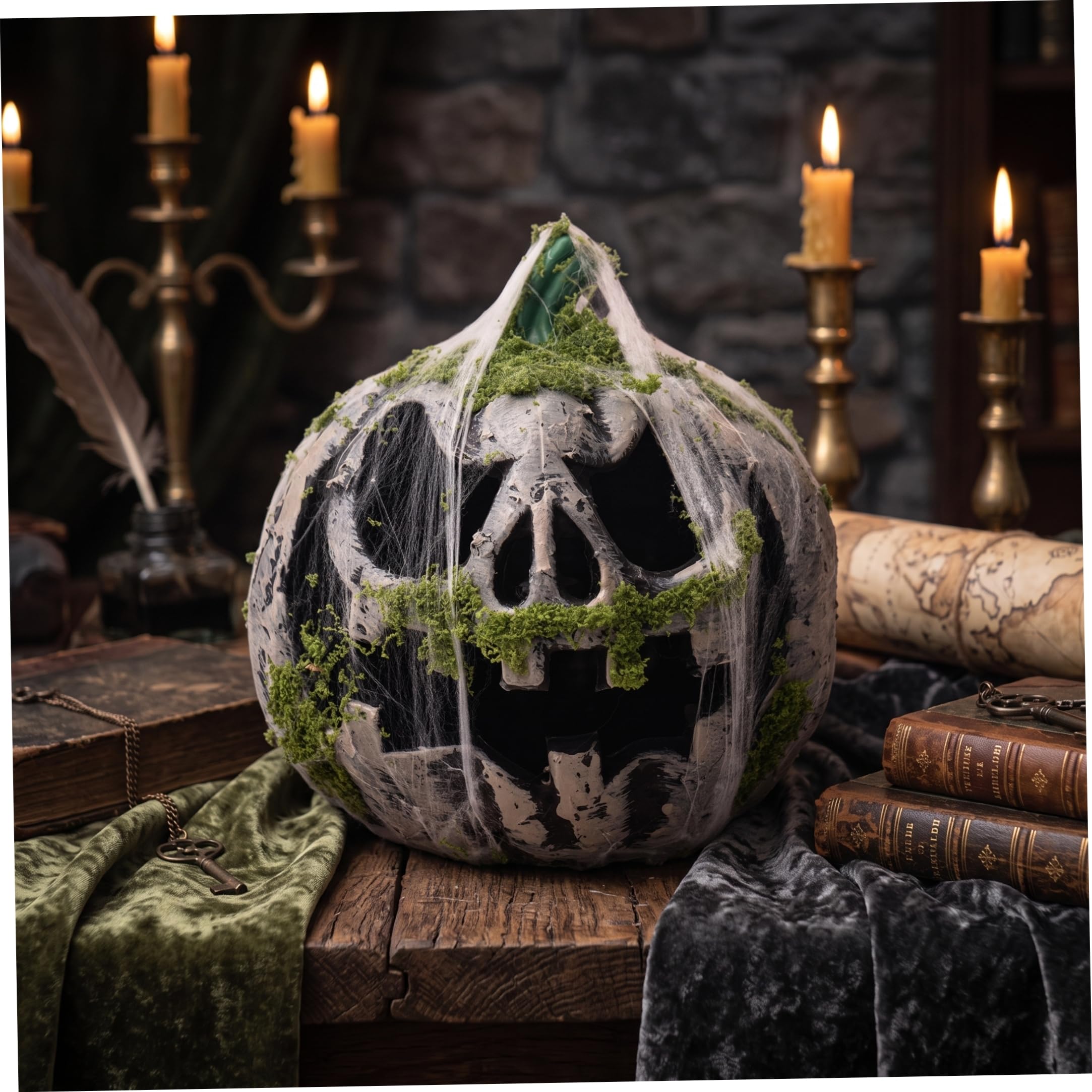 Decorazioni con zucche di Halloween, muschio illuminato e rete Jackolantern