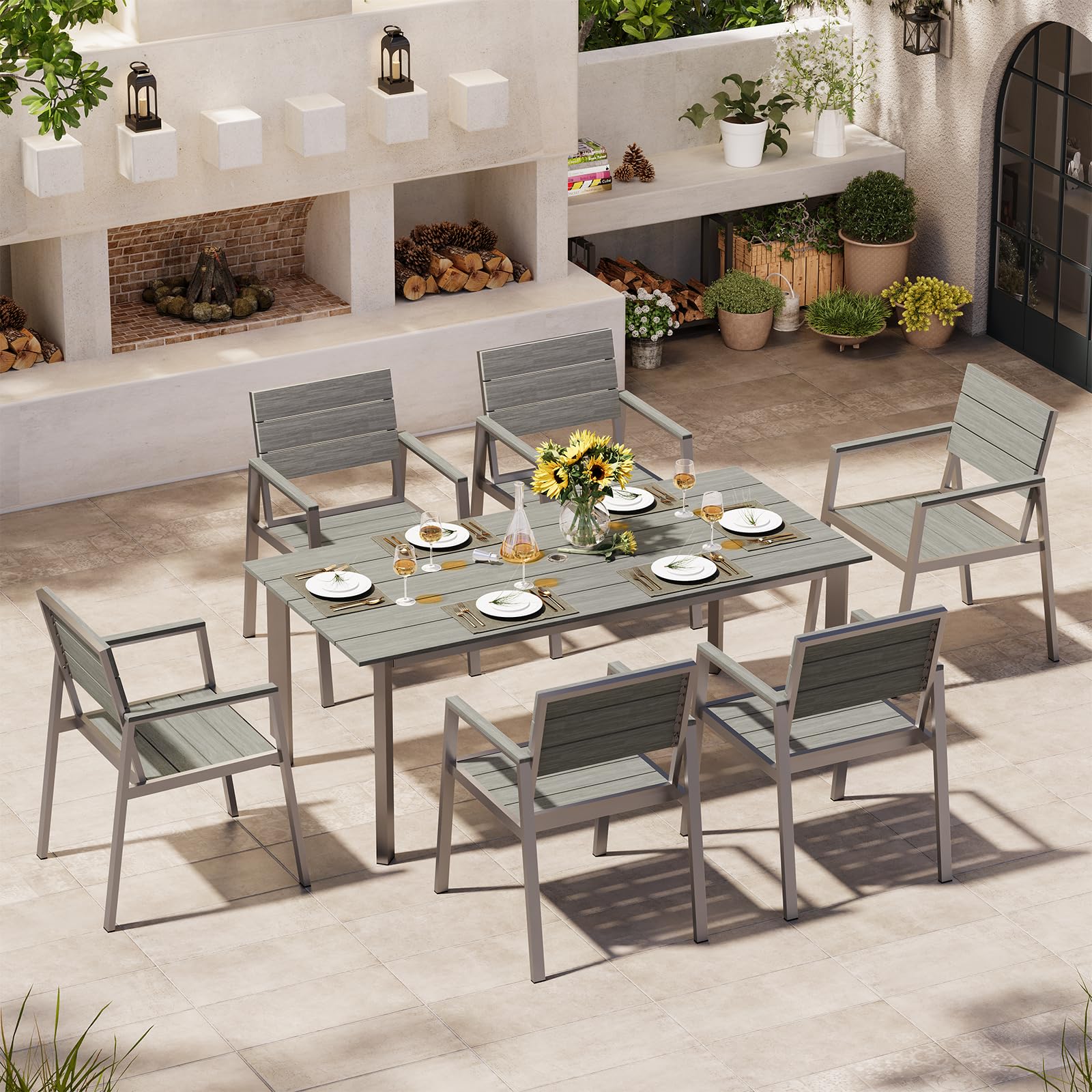 Oasbira Outdoor Dining Set for 6, Patio Table and Chairs Set with Umbrella Hole, 7 Pieces HDPS Outdoor Furniture Sets for Patio, Garden, Backyard (Silver & Gray)