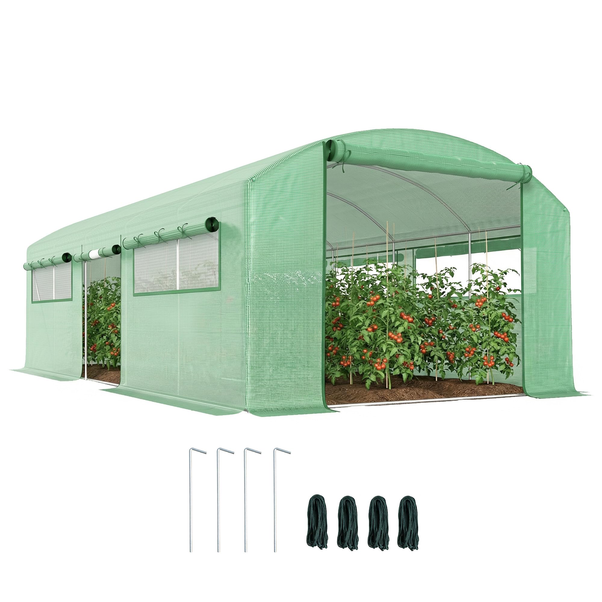 Outsunny Invernadero de Exterior 6x3x2 m Invernadero de Túnel con 6 Ventanas de Malla Cubierta de PE Anti-UV y 3 Puertas Enrollables con Cremallera para Jardín Patio Verde