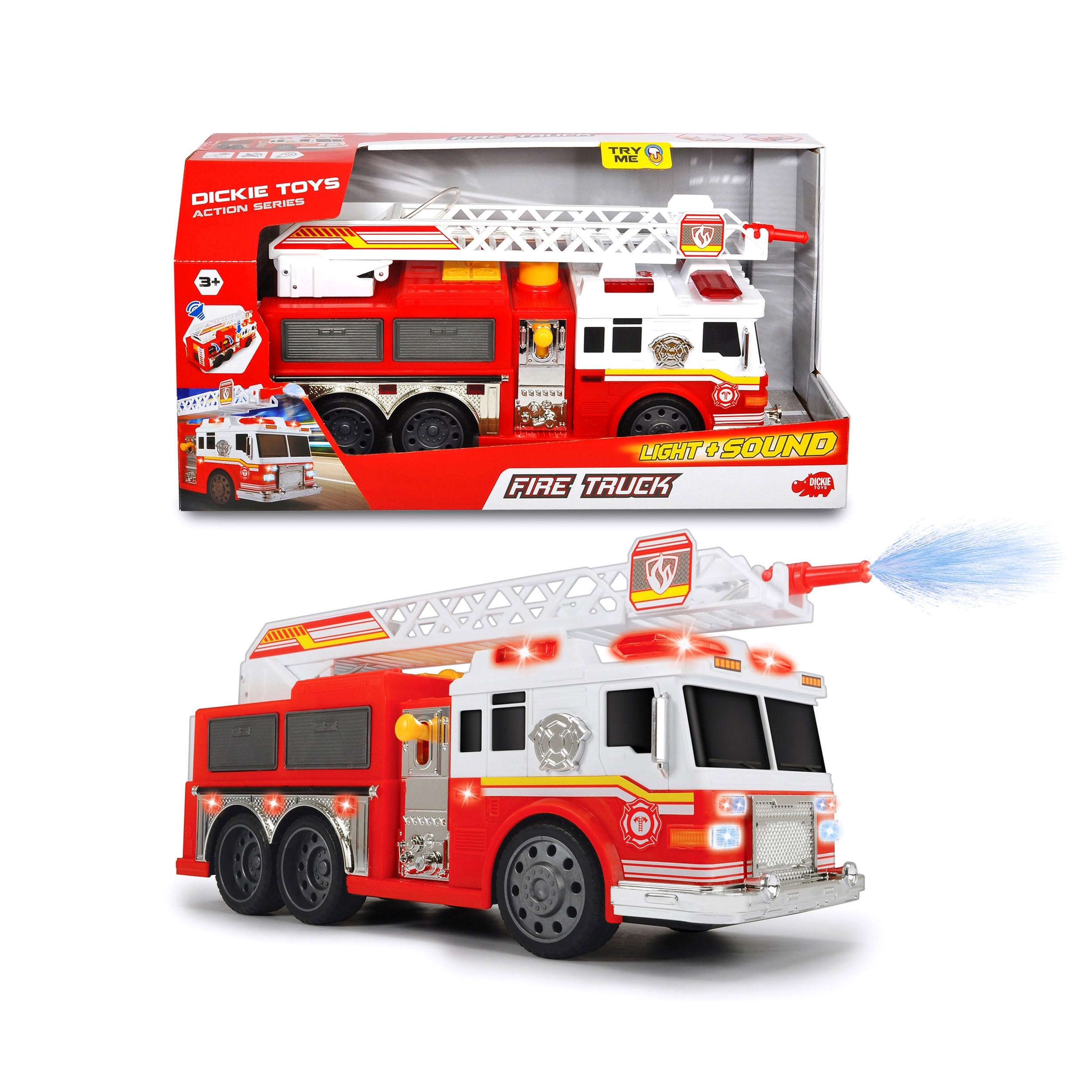 Dickie Toys Fire Commander, camion dei vigili del fuoco, camion dei vigili del fuoco, con funzione di spruzzo d'acqua, scala, luce e suono, batterie incluse, 36 cm, dai 3 anni in su