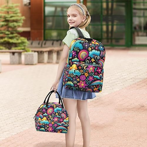 Miniatura 6 de Rainbow Cartoon on Black Kids Bag Set Bolsa de almuerzo impermeable aislada con mochila