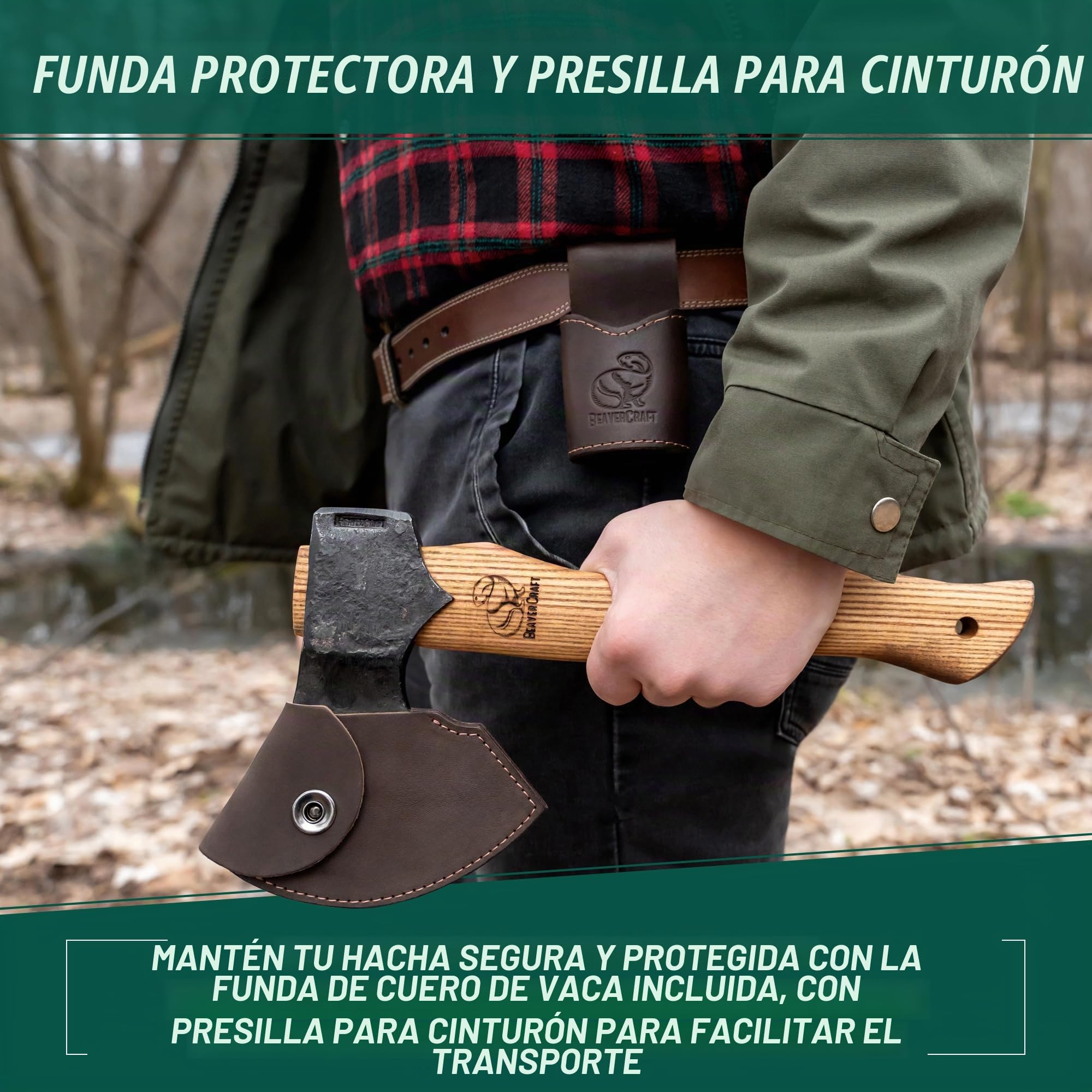 BeaverCraft Hacha Bushcraft AX3 con Funda – Pequeña Asta Forjada para Tallado en Madera y Camping, Hacha para Cortar y Partir Leña, Mango de Madera, Herramienta de Jardín