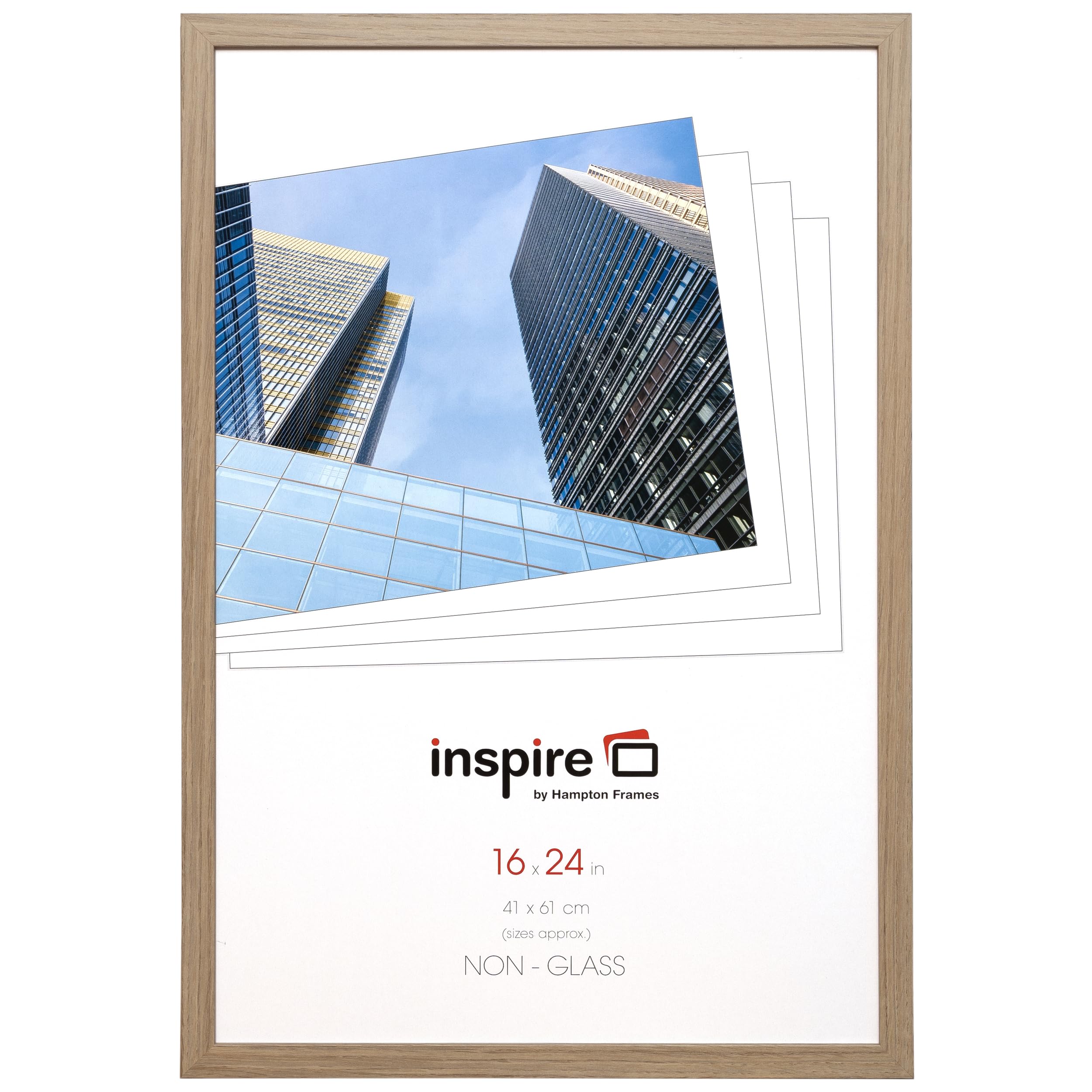 Hampton Frames | Picture Photo Frame | 16x24 inch 41x61cm, Oak Effect, Rectangular, Wood Grain | Lightweight Plexi Front, Wall Mount, Portrait or Landscape | Display Photos, Home DΓ©cor