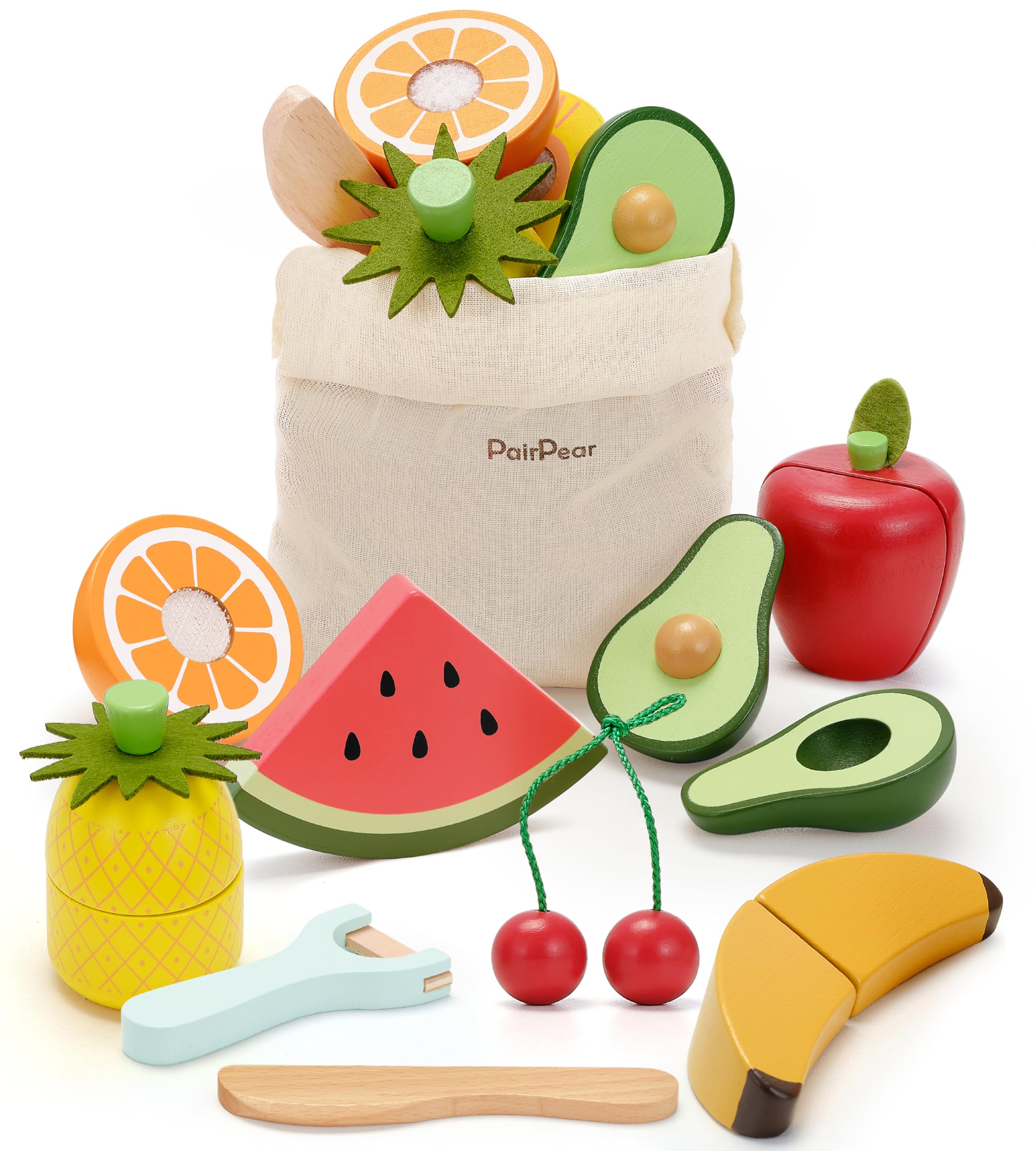 PairPear Wooden Toys Play Food Sets for Kids Kitchen, Kids Toy Food Cutting Fruit Set for Toddlers 3+ Years Old, Pretend Food Play Kitchen Accessories for Girls and Boys