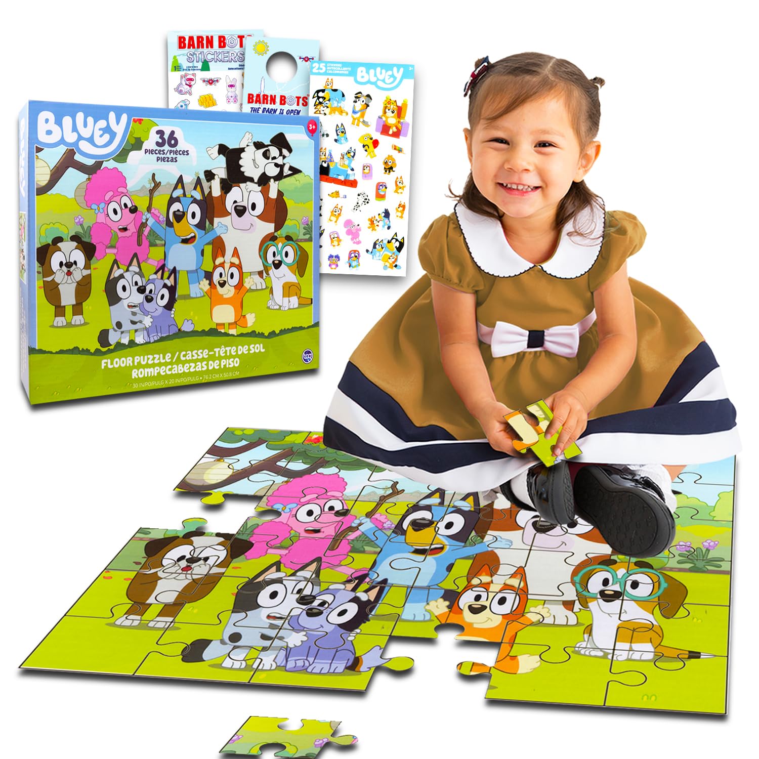 bluey floor puzzle for kids set - bundle with 36 piece floor puzzle for boys, girls plus stickers, more | bluey puzzles for kids ages 3-5