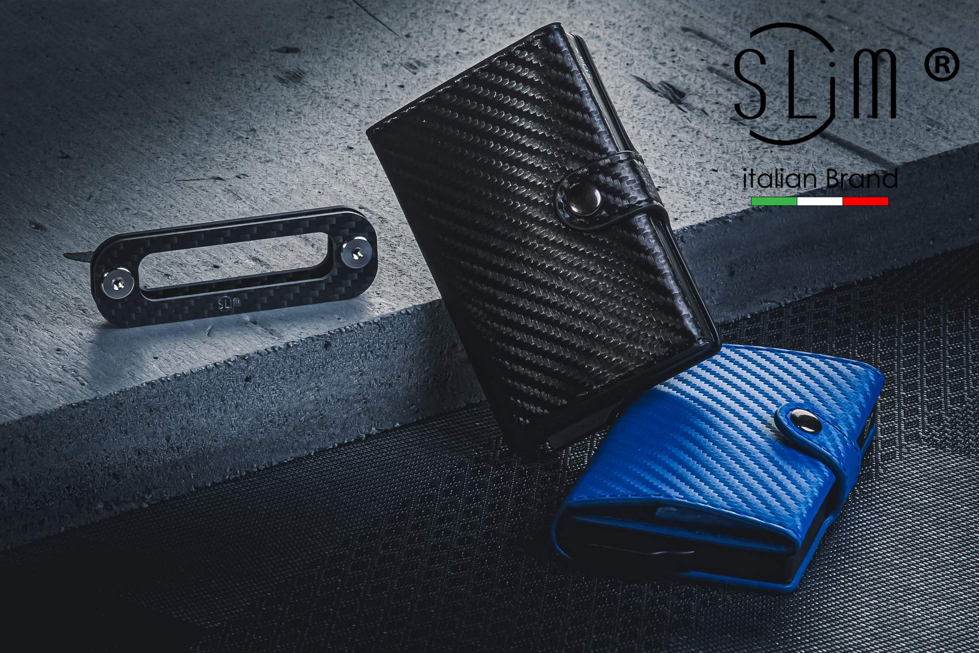 Porta tarjetas de crédito SLim® con protección RFID - Tarjetero anti-clonación - Billetera/tarjetero Unisex - Fabricado en cuero y fibra de carbono, Negro