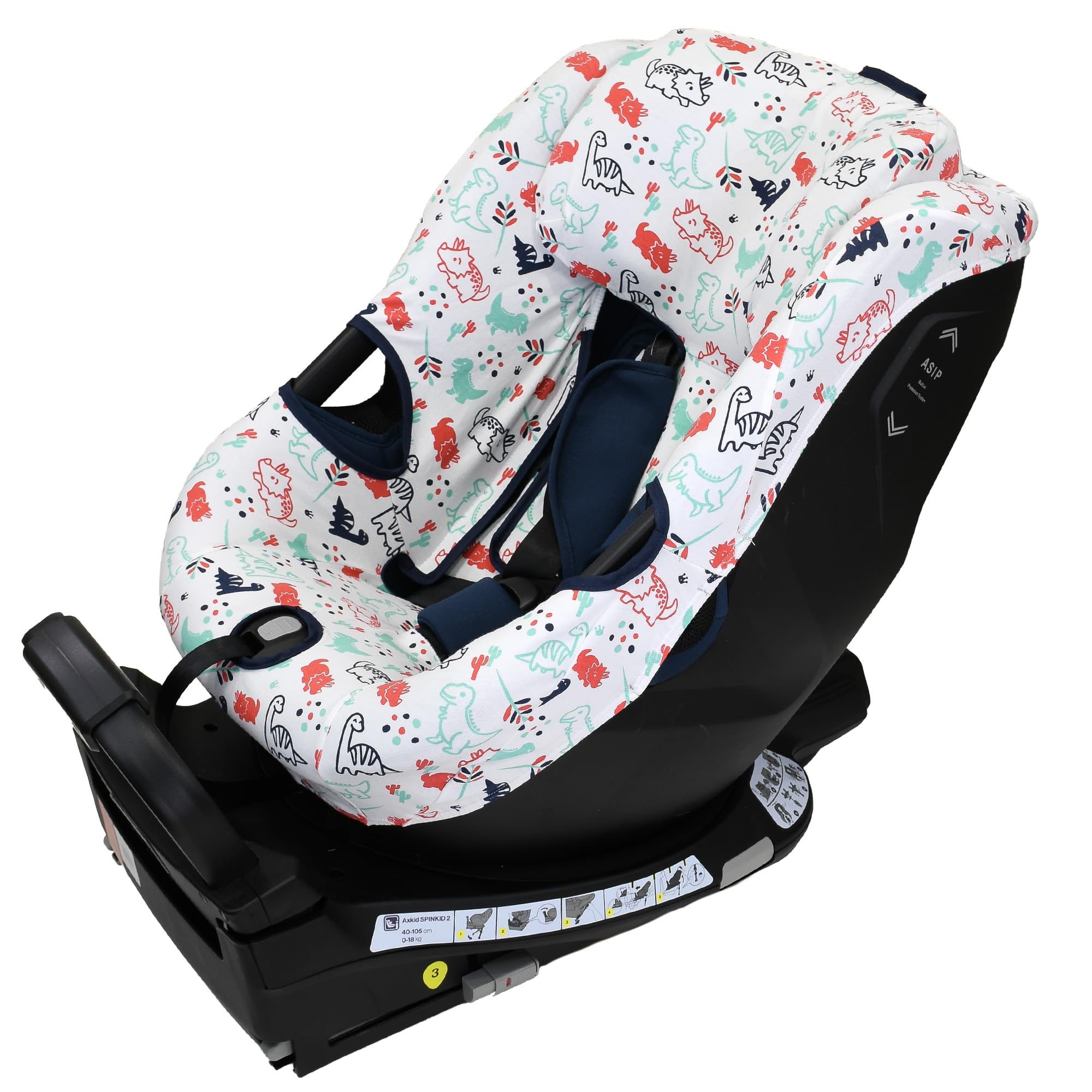 JYOKO Funda para Silla de Coche Compatible con Axkid Spinkid 2, Hecha con algodón orgánico, Transpirable para máximo Confort de tu bebé, Protege el tapizado Original (Dino Party)