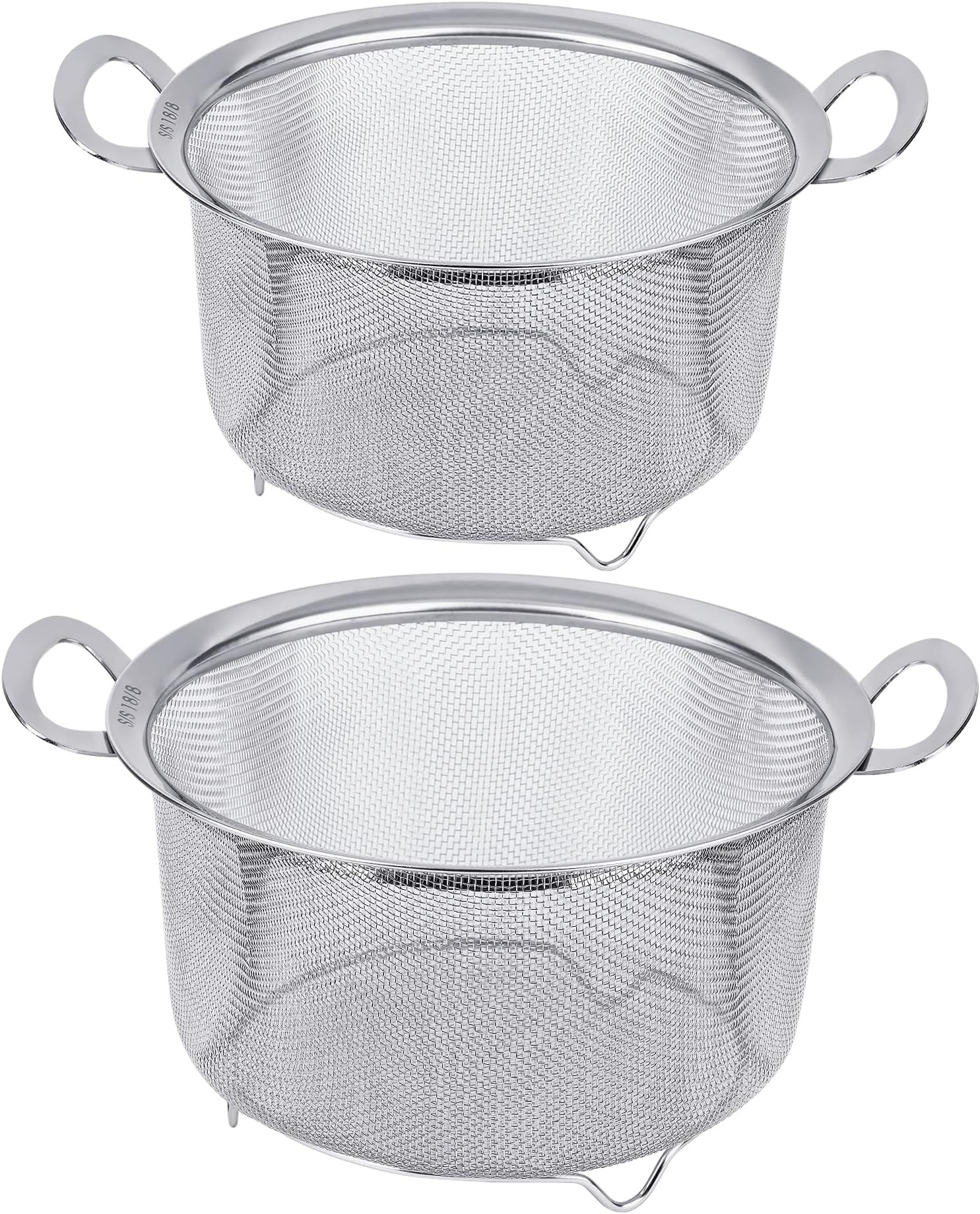 2 Pack Strainers for Kitchen, 18/8 Stainless Steel Colander with Handles, Fine Mesh Strainer for Pasta, Rice and Fruit, Sieve with Resting Feet to Strain, Rinse, Steam or Cook Vegetables