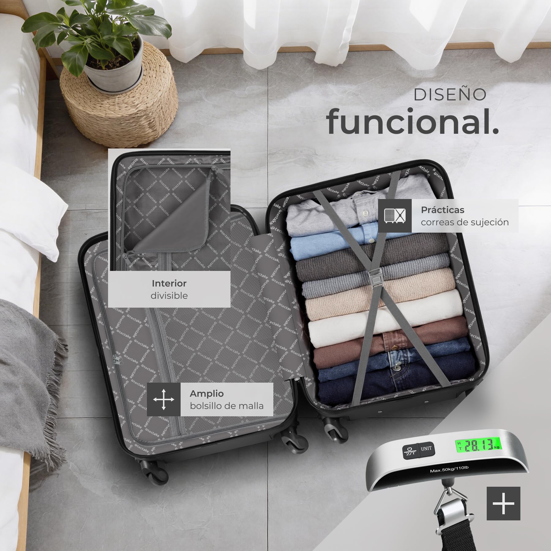 tectake® Juego de 4 Maletas Rígidas en ABS, con Báscula y Etiquetas de Equipaje, Set de Maletas de Viaje con Ruedas de 360º y Asa Telescópica, Cerradura de Combinación, Apilables Entre sí - Negro